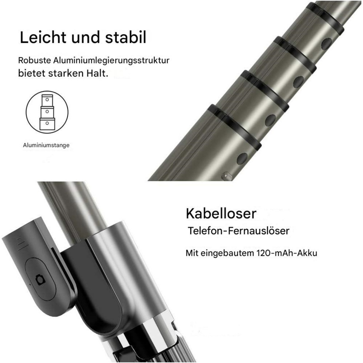 Selfie-Stick zerlegt. Aluminiumlegierungsstruktur. Kabellose Fernbedienung mit 120-mAh-Akku.