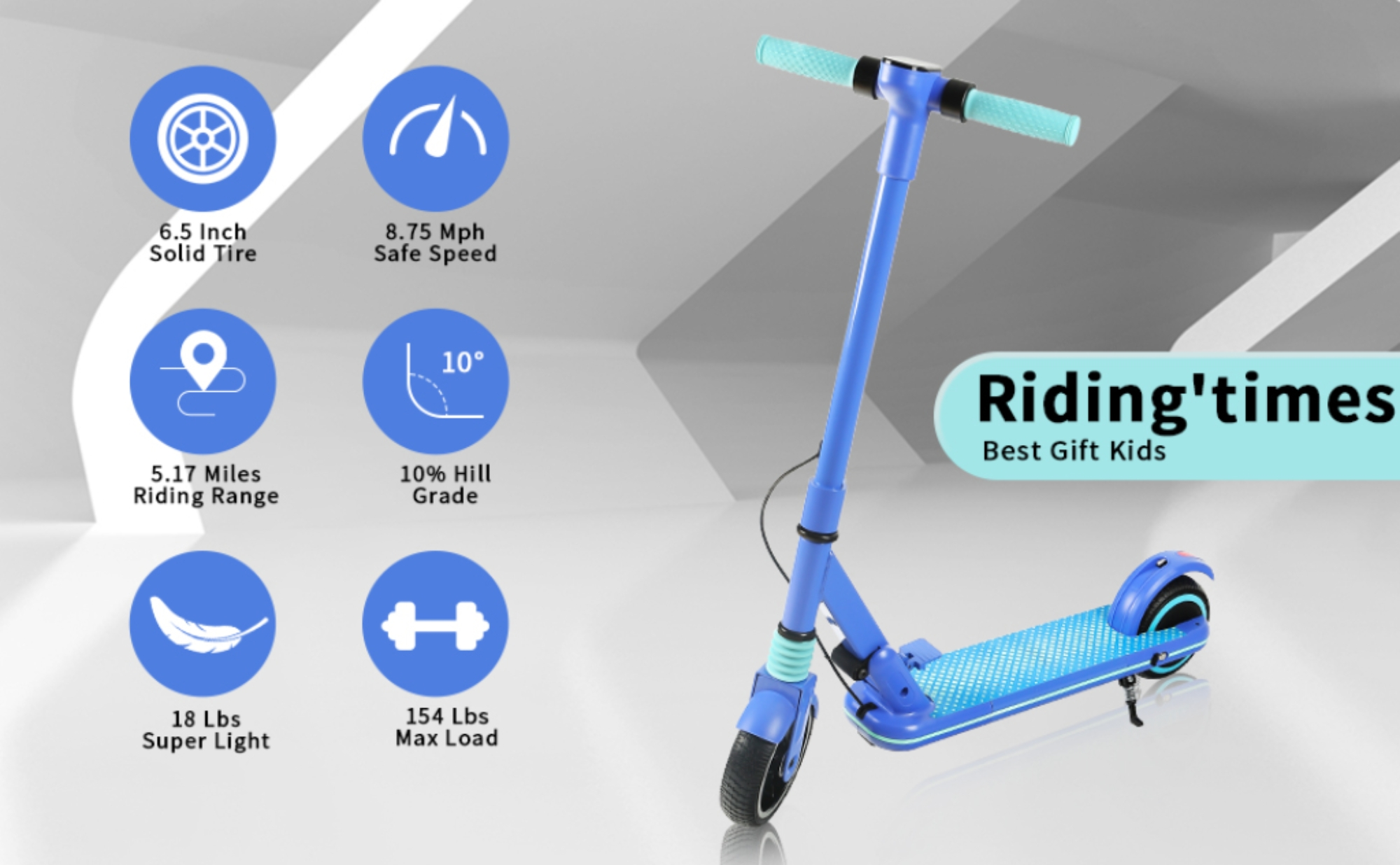 Niebieska hulajnoga elektryczna z kluczowymi cechami: opona 6,5 cala, prędkość 8,75 mph, zasięg 5,17 mil, nachylenie 10%.