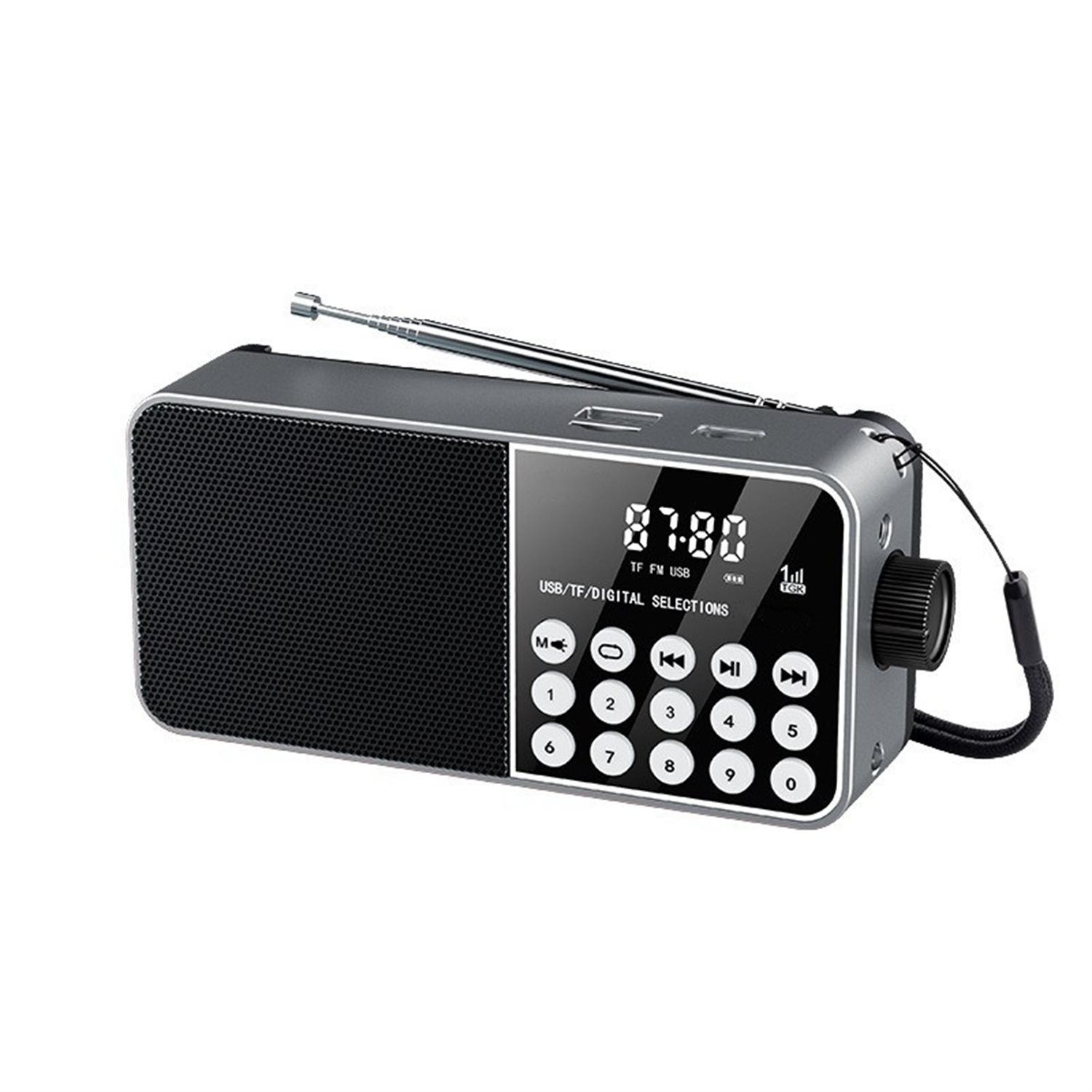 Kleines graues Radio mit Digitalanzeige. Enthält Tasten für USB, TF und einen Drehknopf.