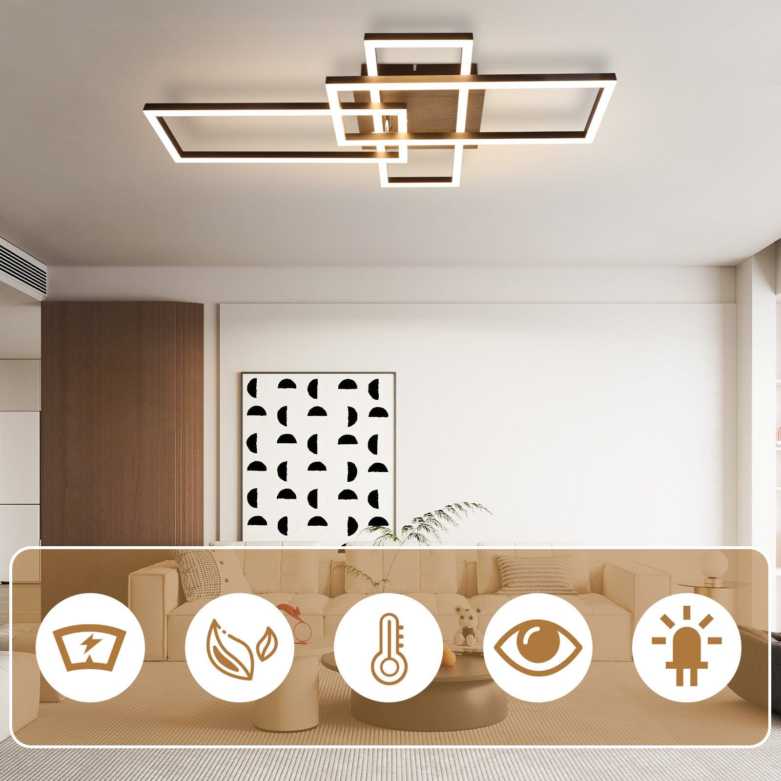 Nowoczesna biała lampa sufitowa o geometrycznych kształtach, zintegrowanym oświetleniem i ikonami. Salon w tle.