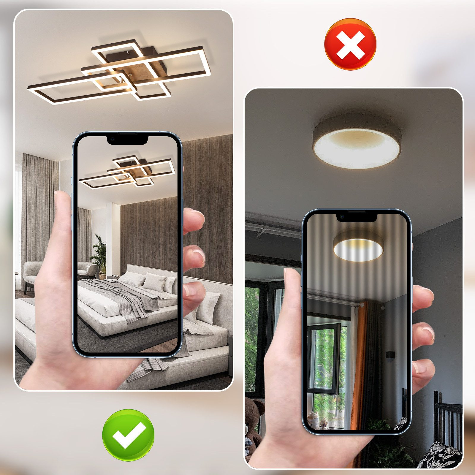 Porównanie dwóch opcji oświetlenia sufitowego, jednej dobrej, drugiej złej, za pomocą telefonu.