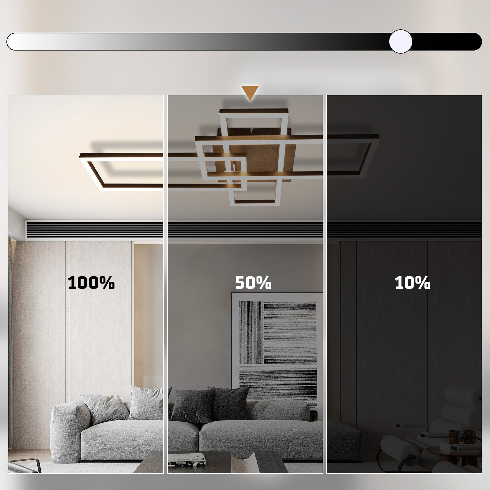 Trzy obrazy pokazujące światło sufitowe z różnymi poziomami jasności.