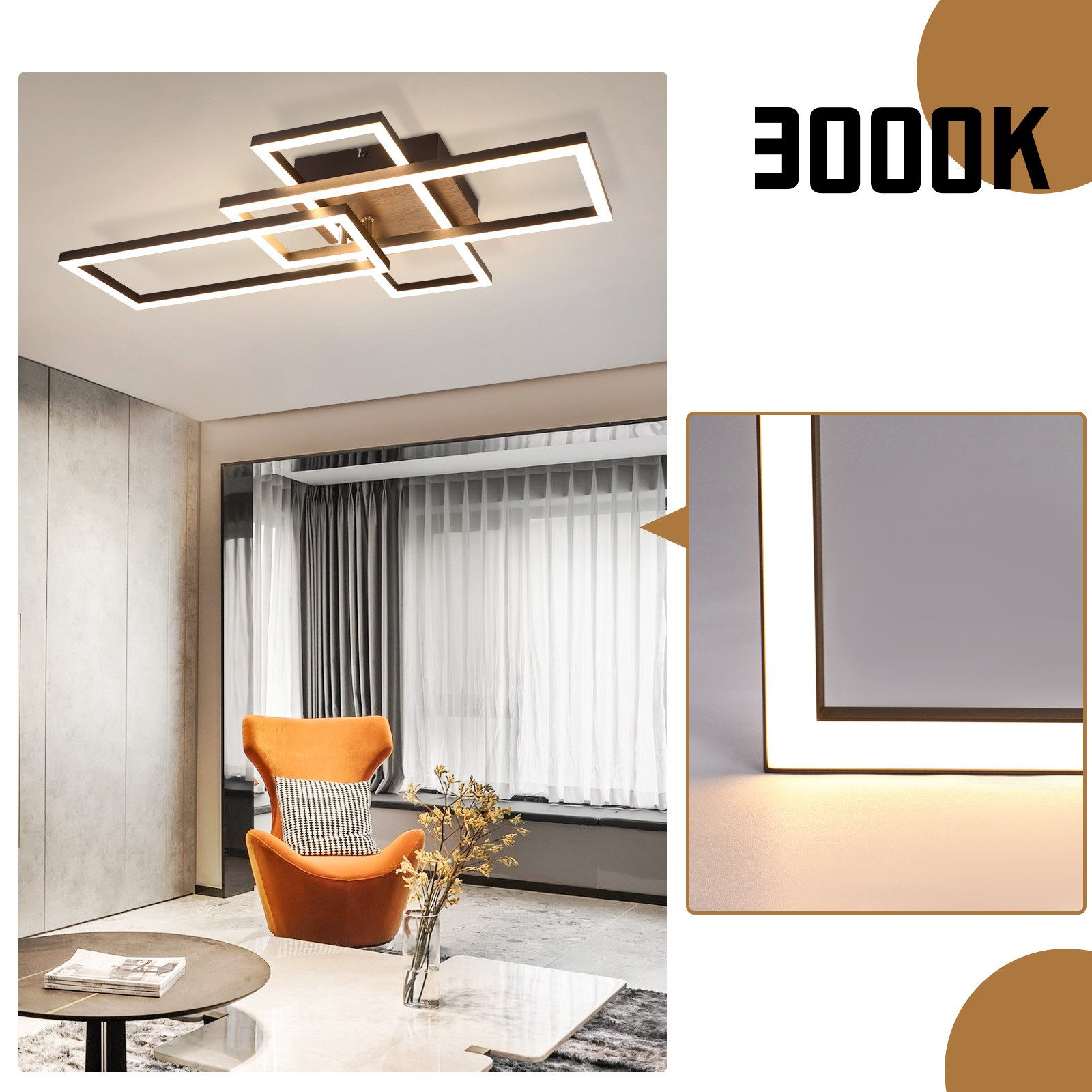 Oświetlenie sufitowe w pokoju, z ciepłym światłem i zbliżeniem z boku.