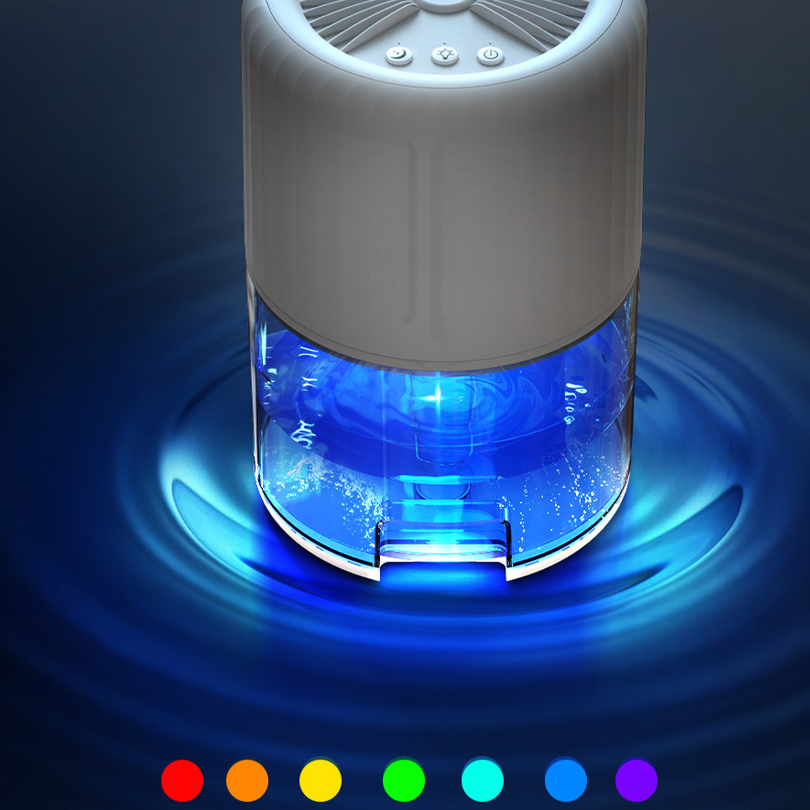 Luftreiniger mit Wassertröpfchen und blauem Licht, mit Farboptionen unten. Oben weiß, unten klar.