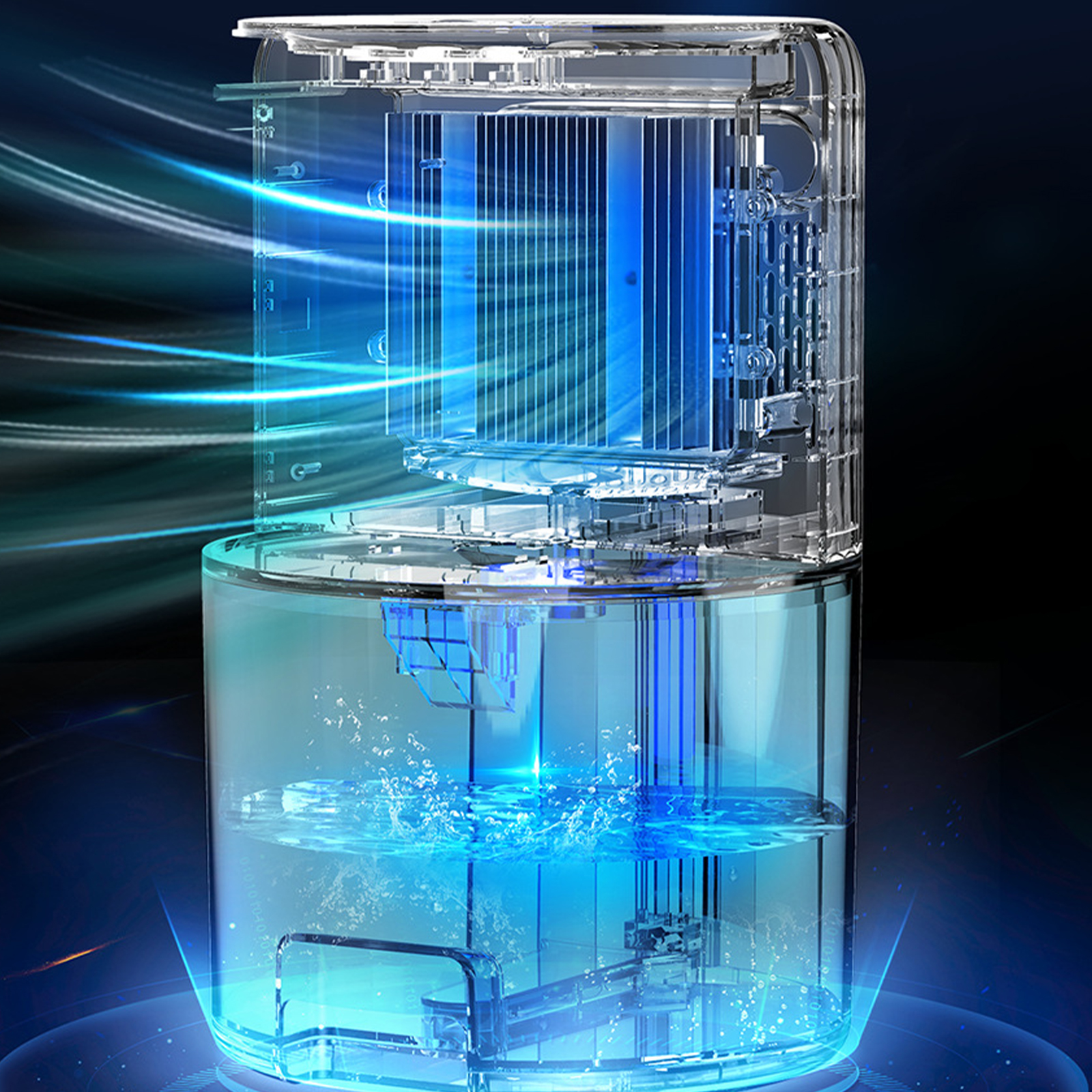 Ein klarer, transparenter Luftbefeuchter mit blauem Licht und Wasser. Wasser befindet sich in der Basis und im Oberteil.