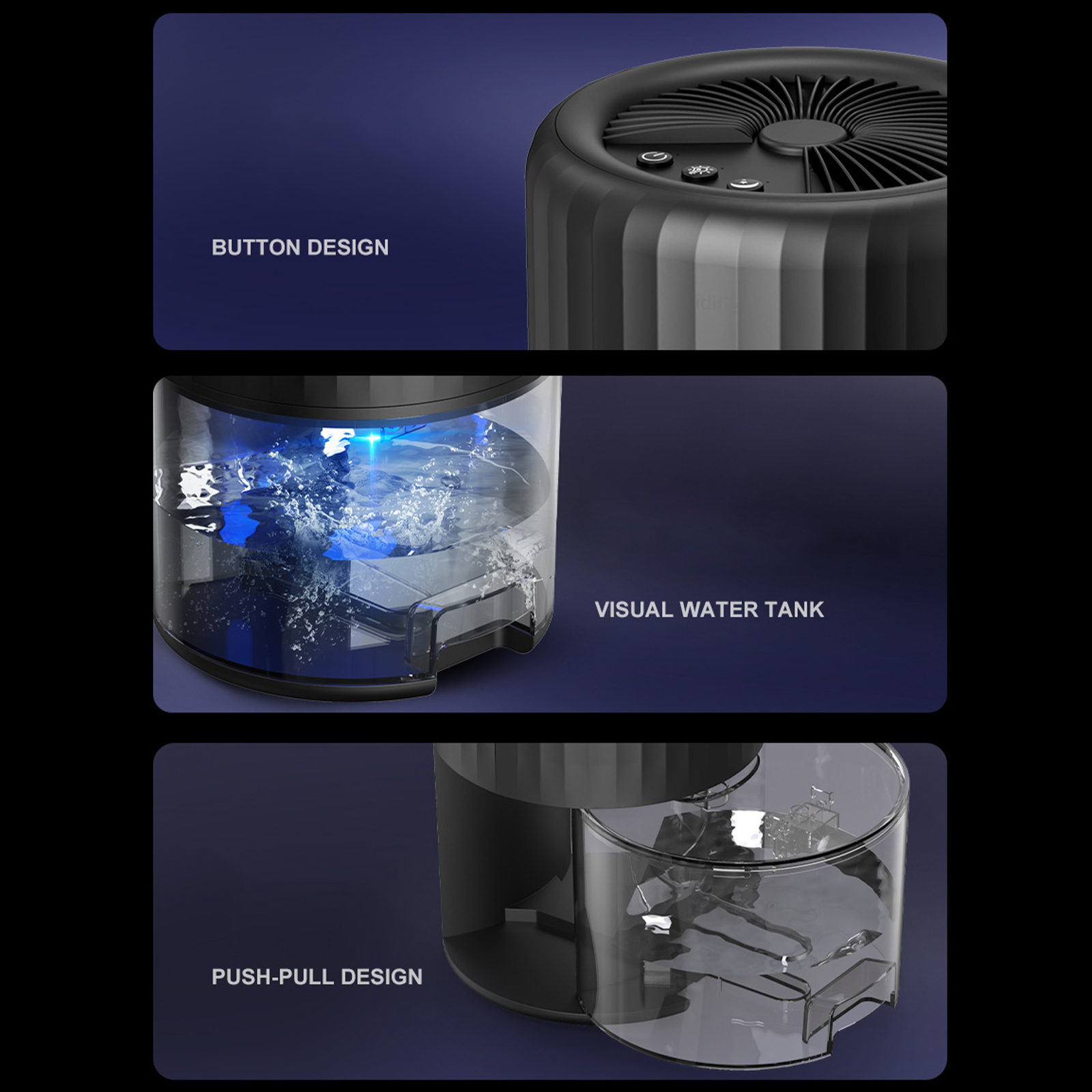 Luftreiniger mit schwarzem Oberteil und Ventilator. Zeigt Wassertank und Push-Pull-Design.