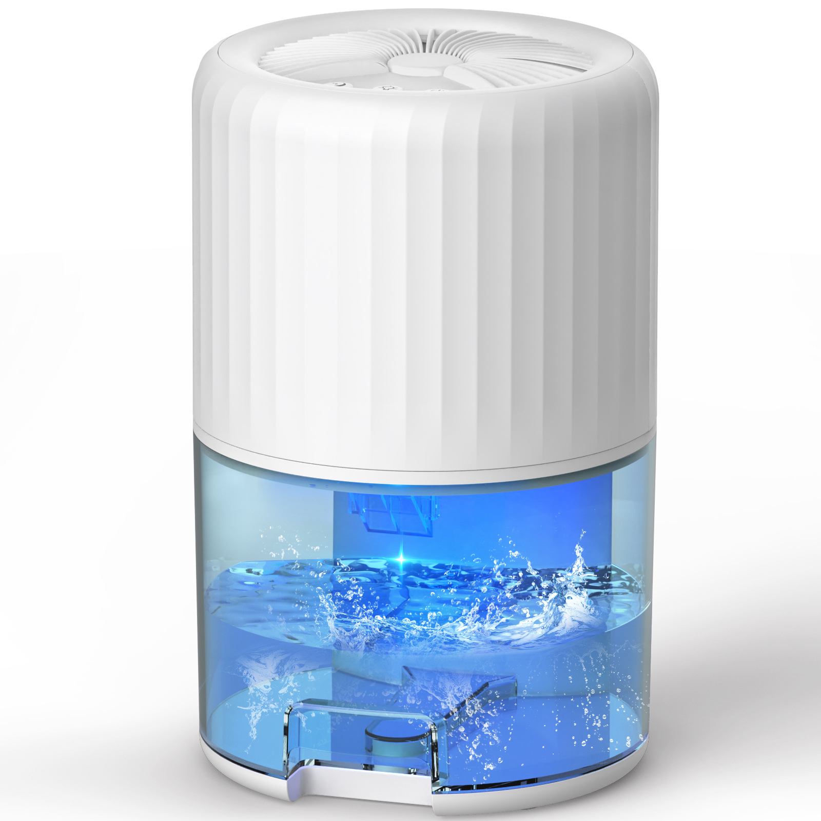 Weiß-blauer Luftbefeuchter. Der Boden ist transparent und hat blaues Wasser mit Spritzern.