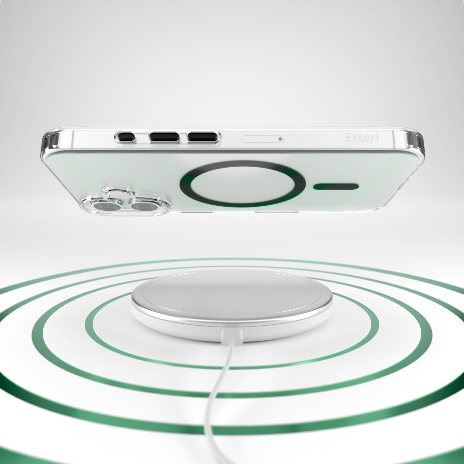 Una custodia per telefono con un cerchio bianco sul retro, appoggiata su un caricabatterie wireless. Sfondo bianco.