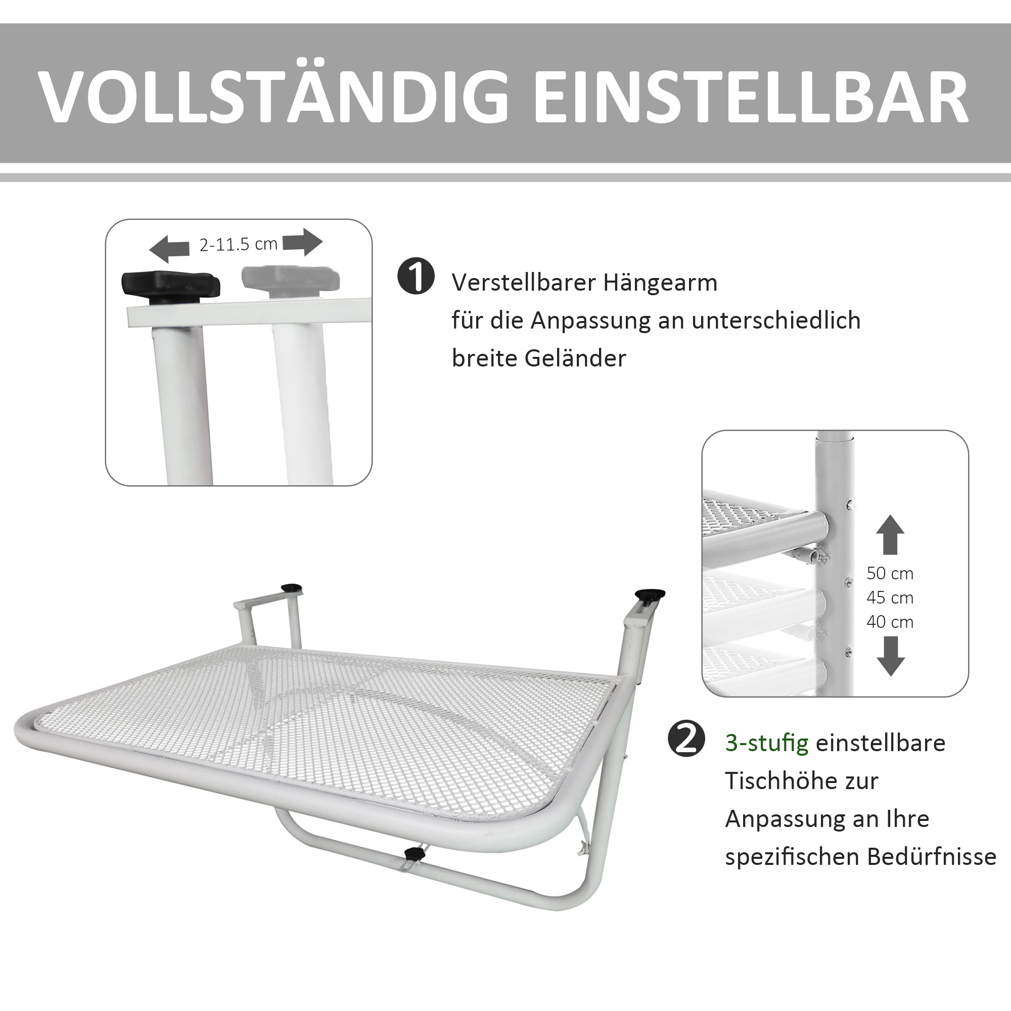 Ein weißer, verstellbarer Balkontisch mit Drahtgitteroberfläche. Text und Diagramme erklären die Einstellungen.