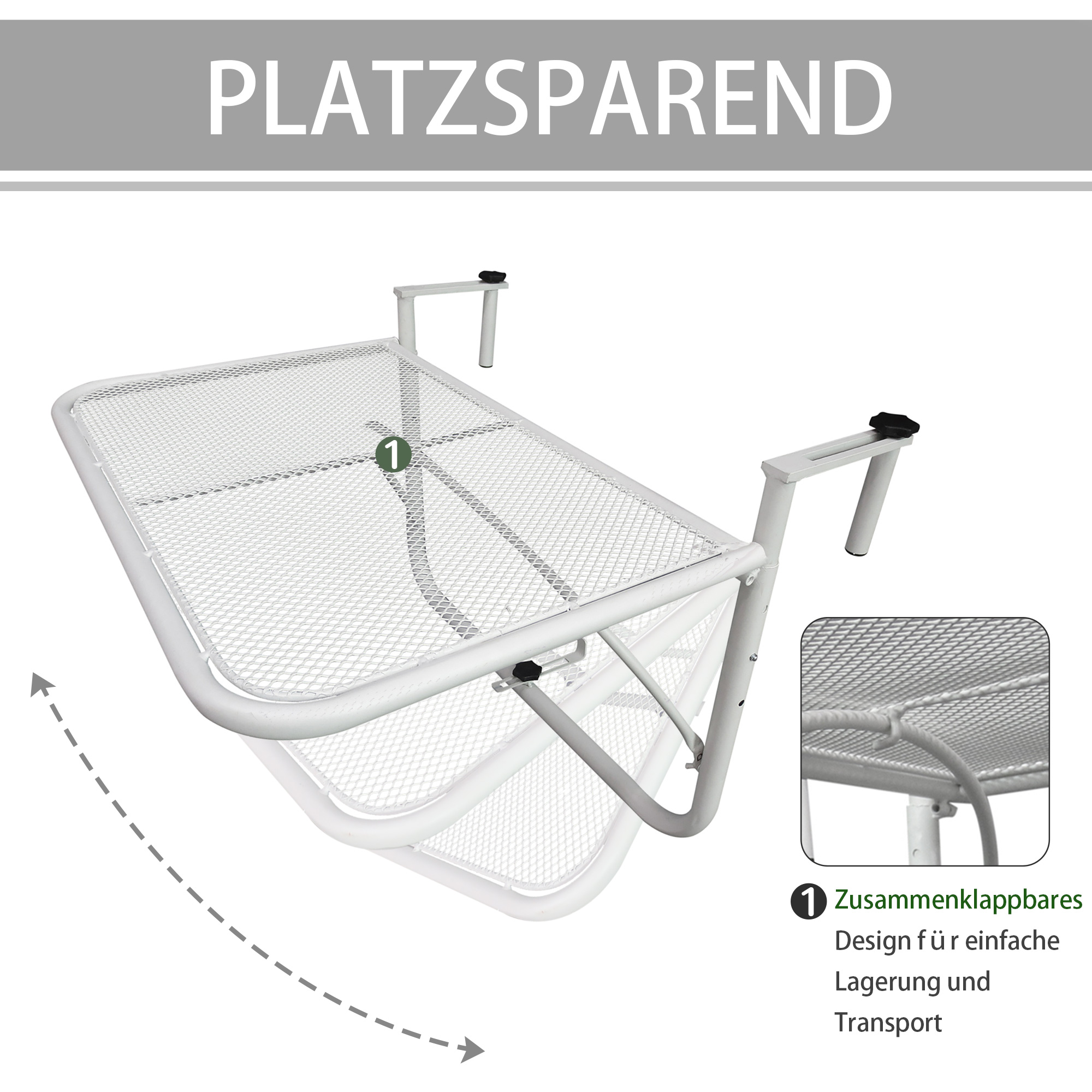Weißes, zusammenklappbares Bettgestell mit Nahaufnahme des Klappmechanismus, weißer Hintergrund.