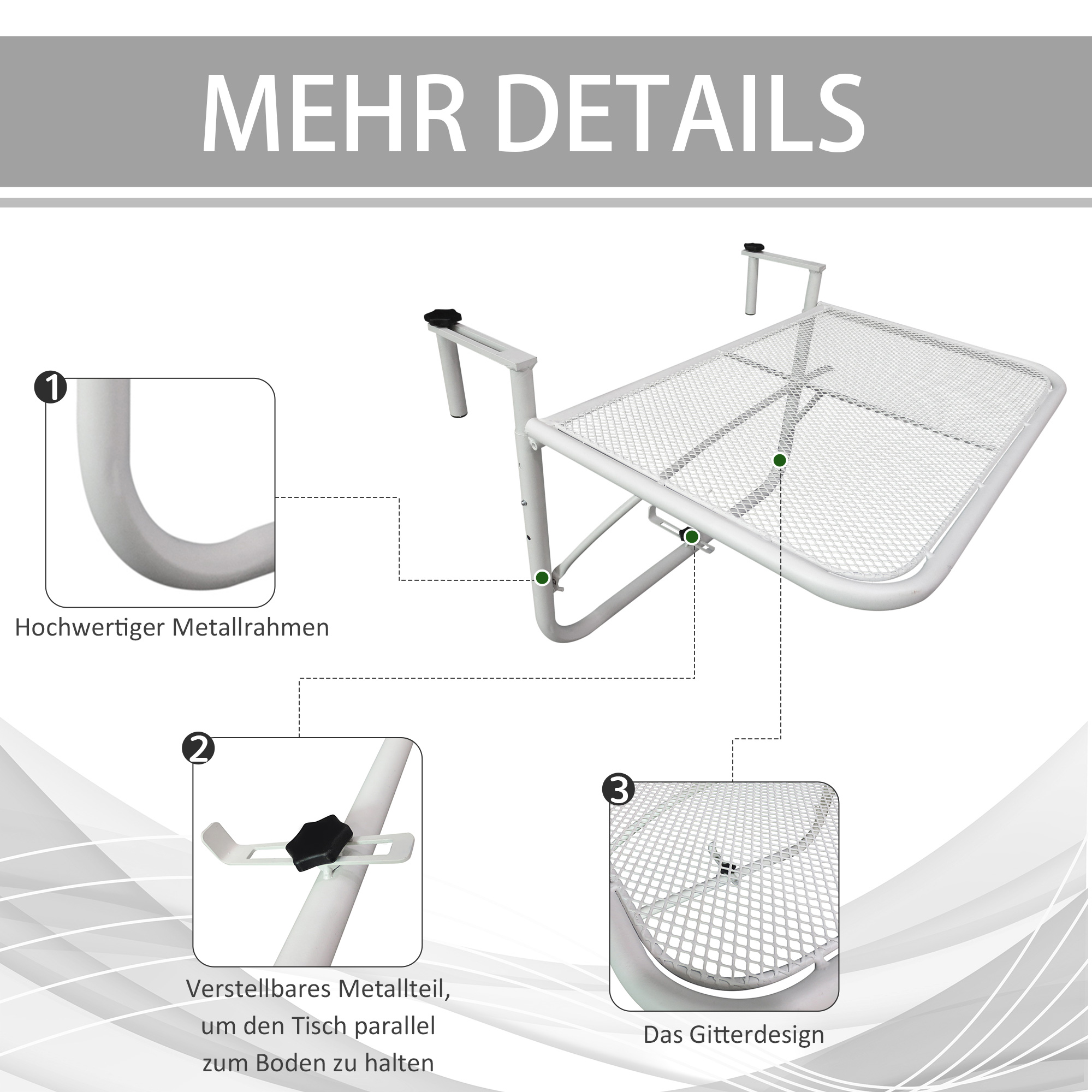 Diagramm mit Details eines Metalltisches. Abschnitte heben Metallrahmen, Tischteil und Gitterdesign hervor.