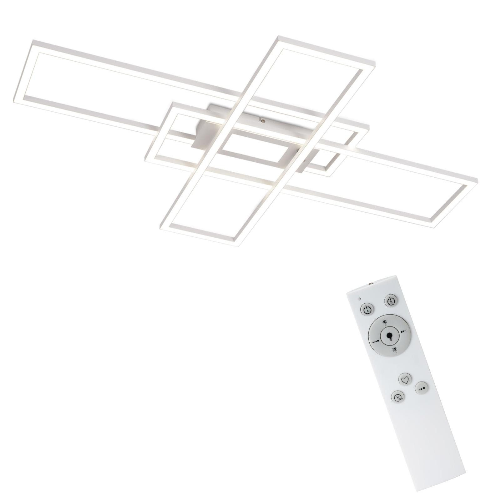 Biała prostokątna lampa sufitowa z pilotem.