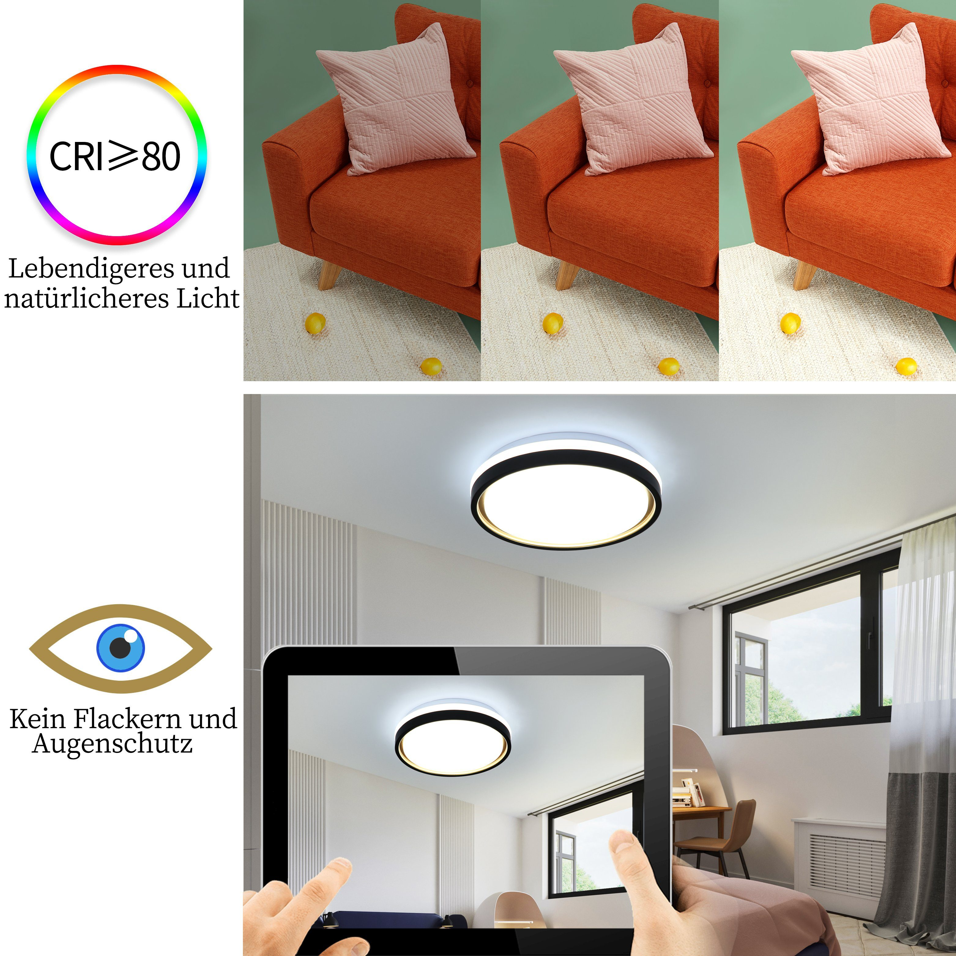 Schemat pokazujący światło i jego efekt. Lampa odbija się na ekranie tabletu. Pomarańczowa sofa i poduszki.