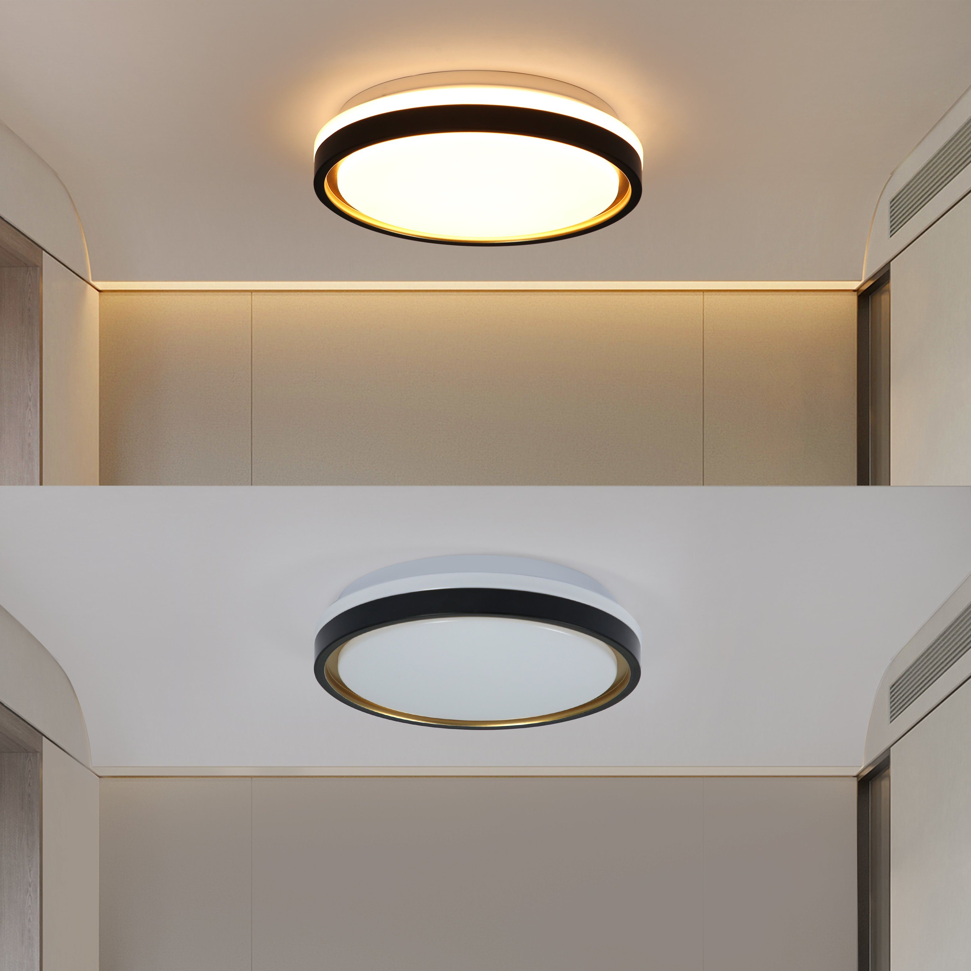Dwa obrazy lamp sufitowych. Jeden ze światłem włączonym i jeden ze światłem wyłączonym. Beżowa ściana.