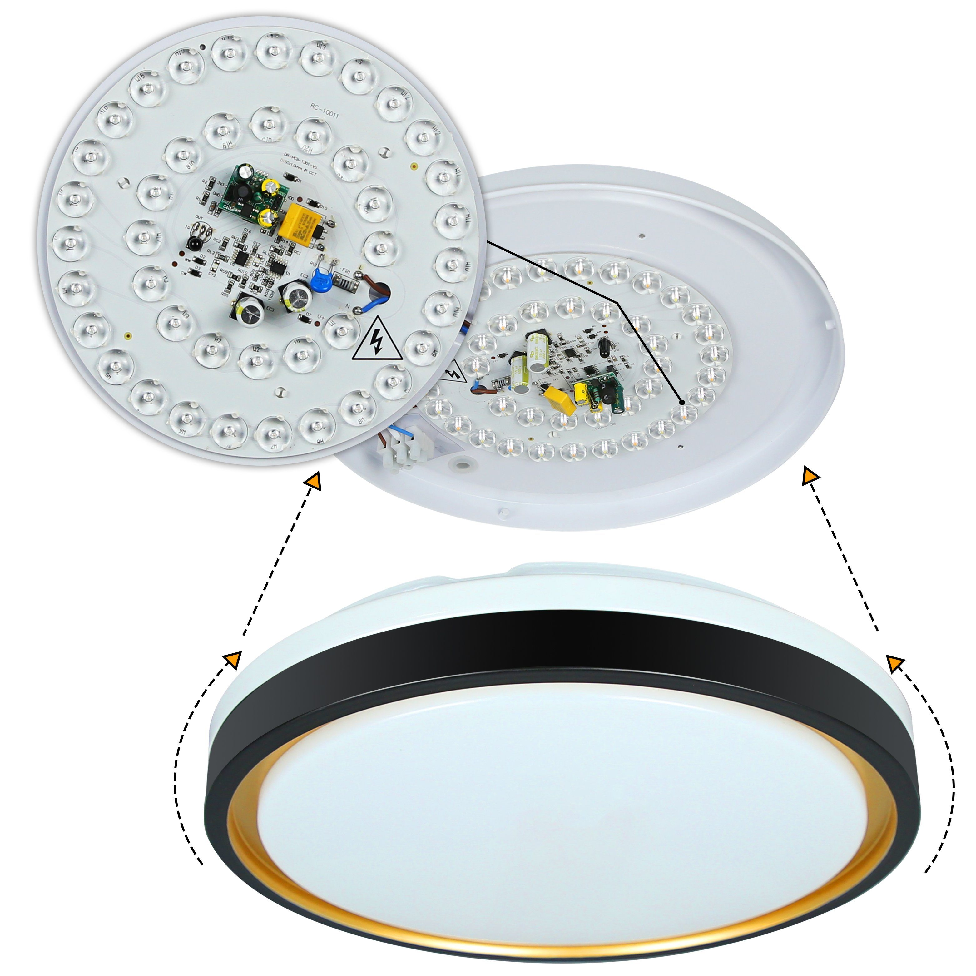 Lampa sufitowa zdemontowana, pokazująca wewnętrzne komponenty i zewnętrzną obudowę. Góra otwarta, dół zamknięty.