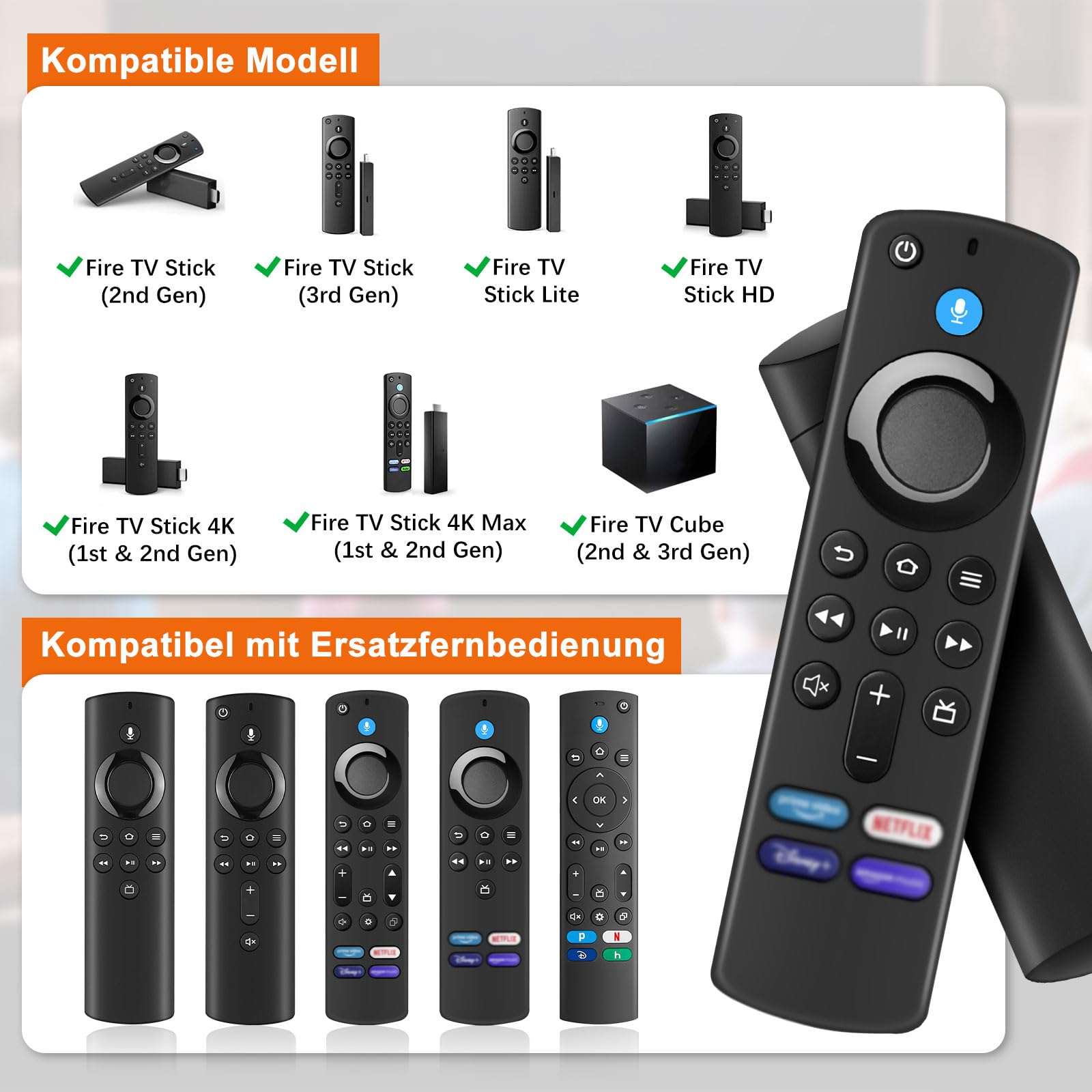 Verschiedene Fire TV-Fernbedienungen und kompatible Geräte. Enthält Fire TV Stick- und Cube-Modelle. Weißer Hintergrund.