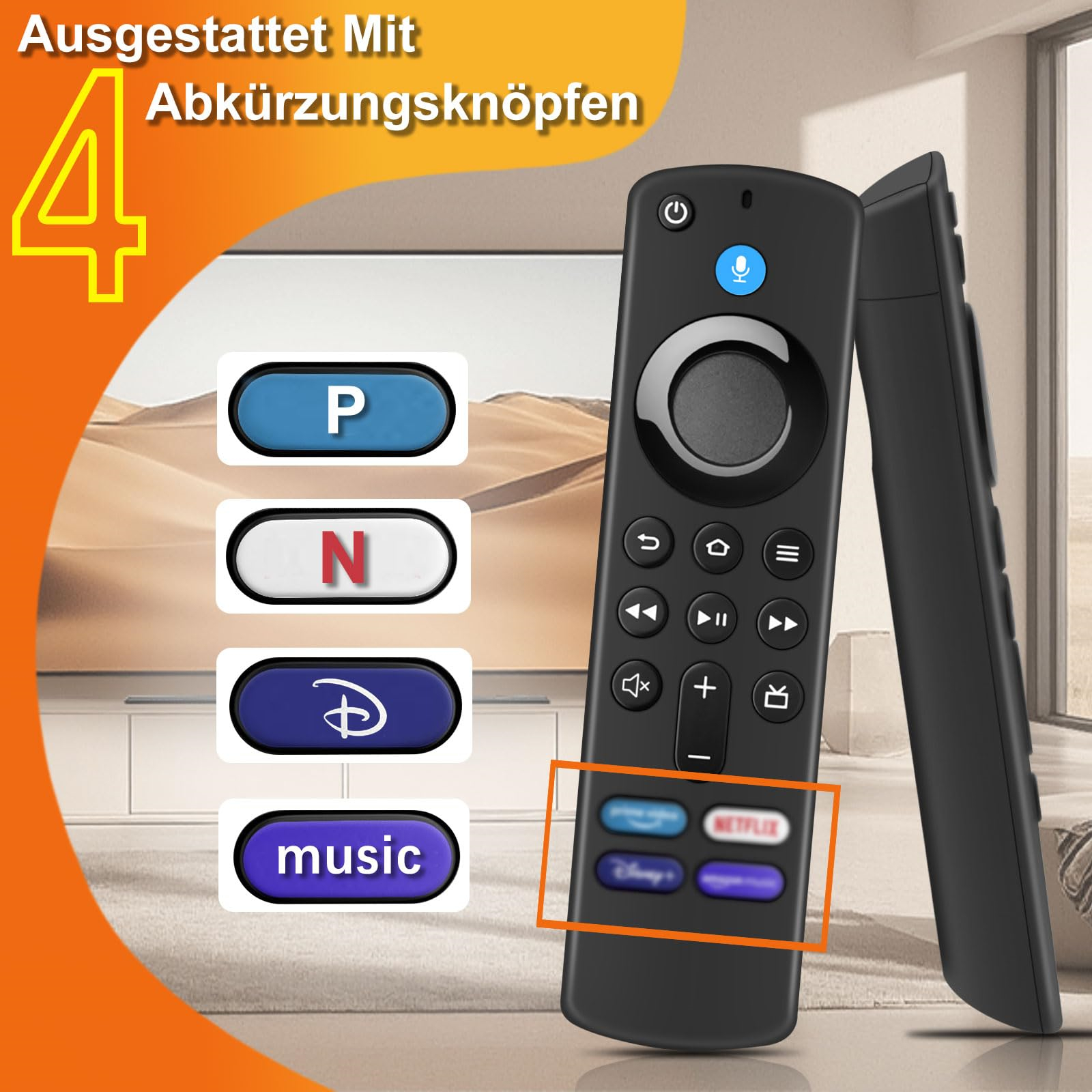 Fernbedienung mit Kurztasten und einem Fernseher im Hintergrund, Wohnzimmer.
