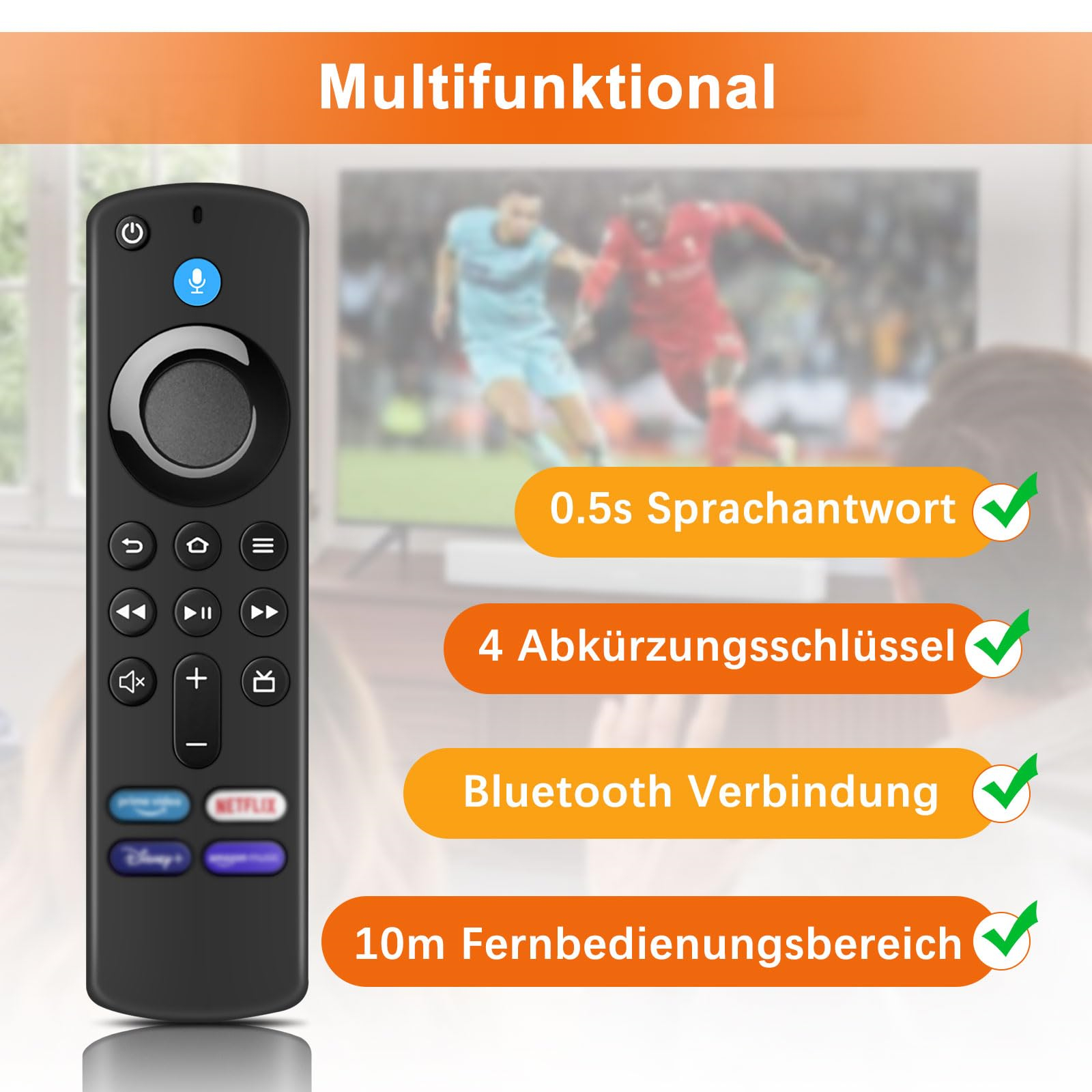 Diagramm einer Fire TV-Fernbedienung. Zu den Funktionen gehören Sprachtaste, Navigation und Bluetooth-Verbindung.