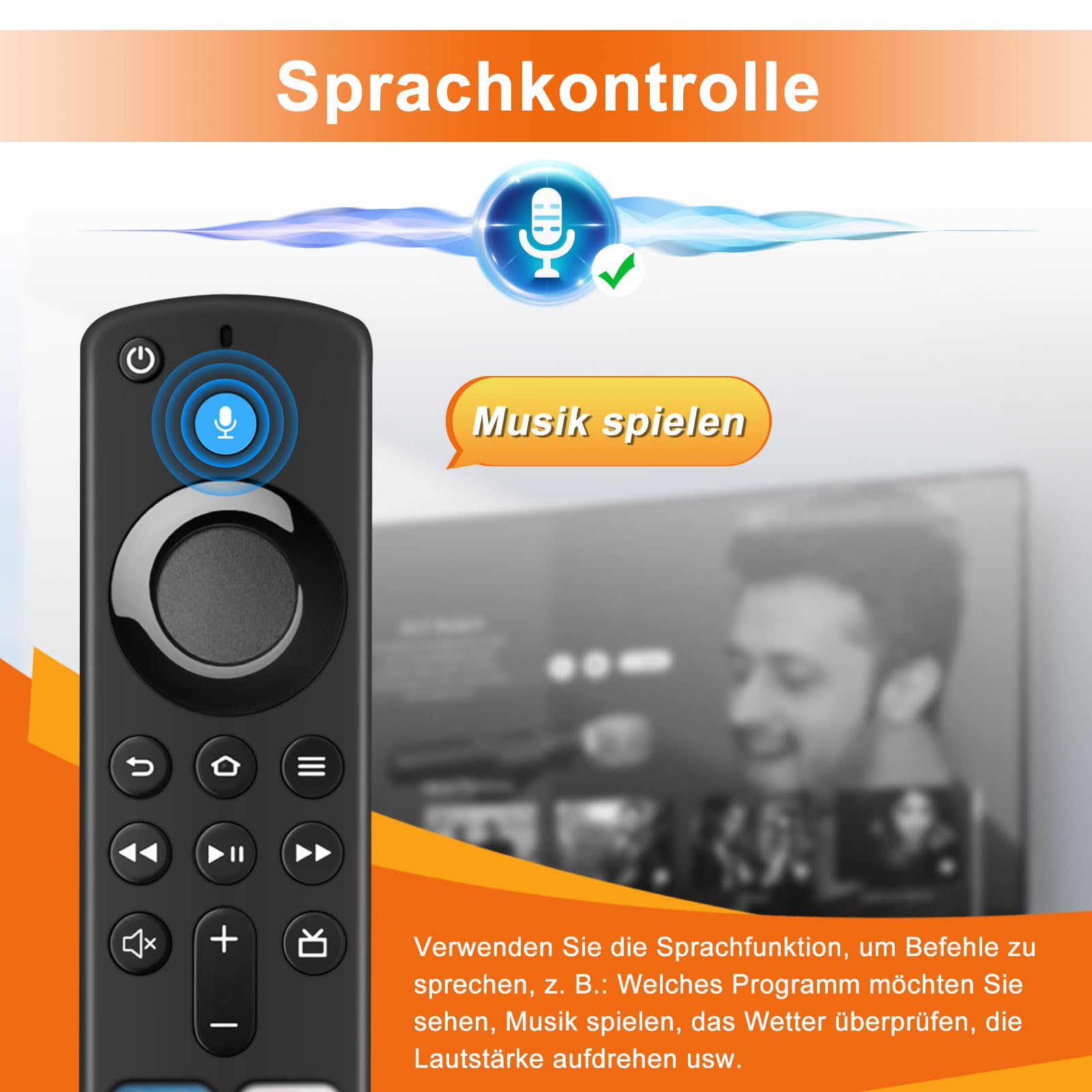 Schwarze Fernbedienung mit Tasten. Der Bildschirm zeigt ein TV-Menü im Hintergrund.