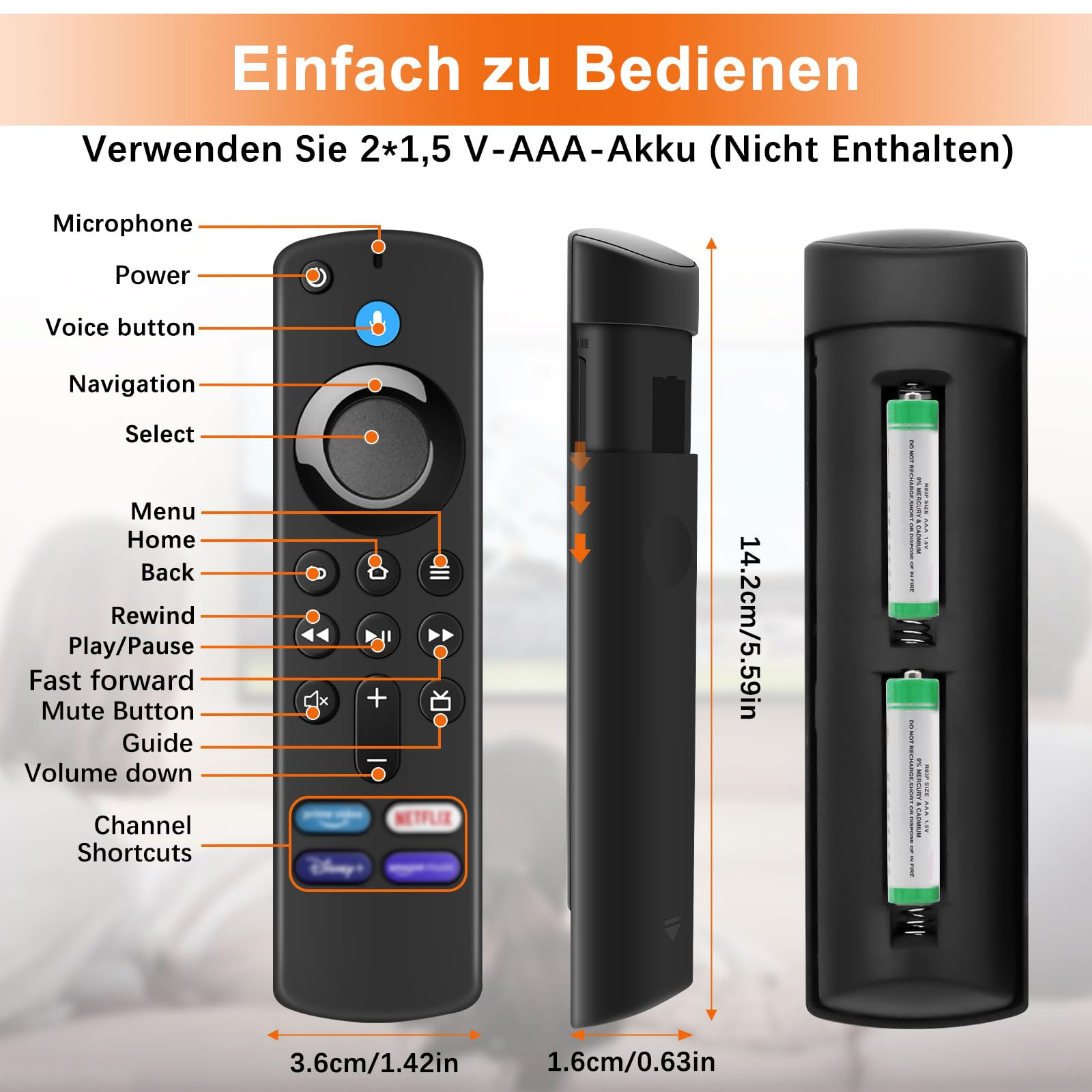 Diagramm, das Fire TV-Fernbedienungsteile zeigt. Enthält Abmessungen, Batteriefach und Tastenbeschriftungen.