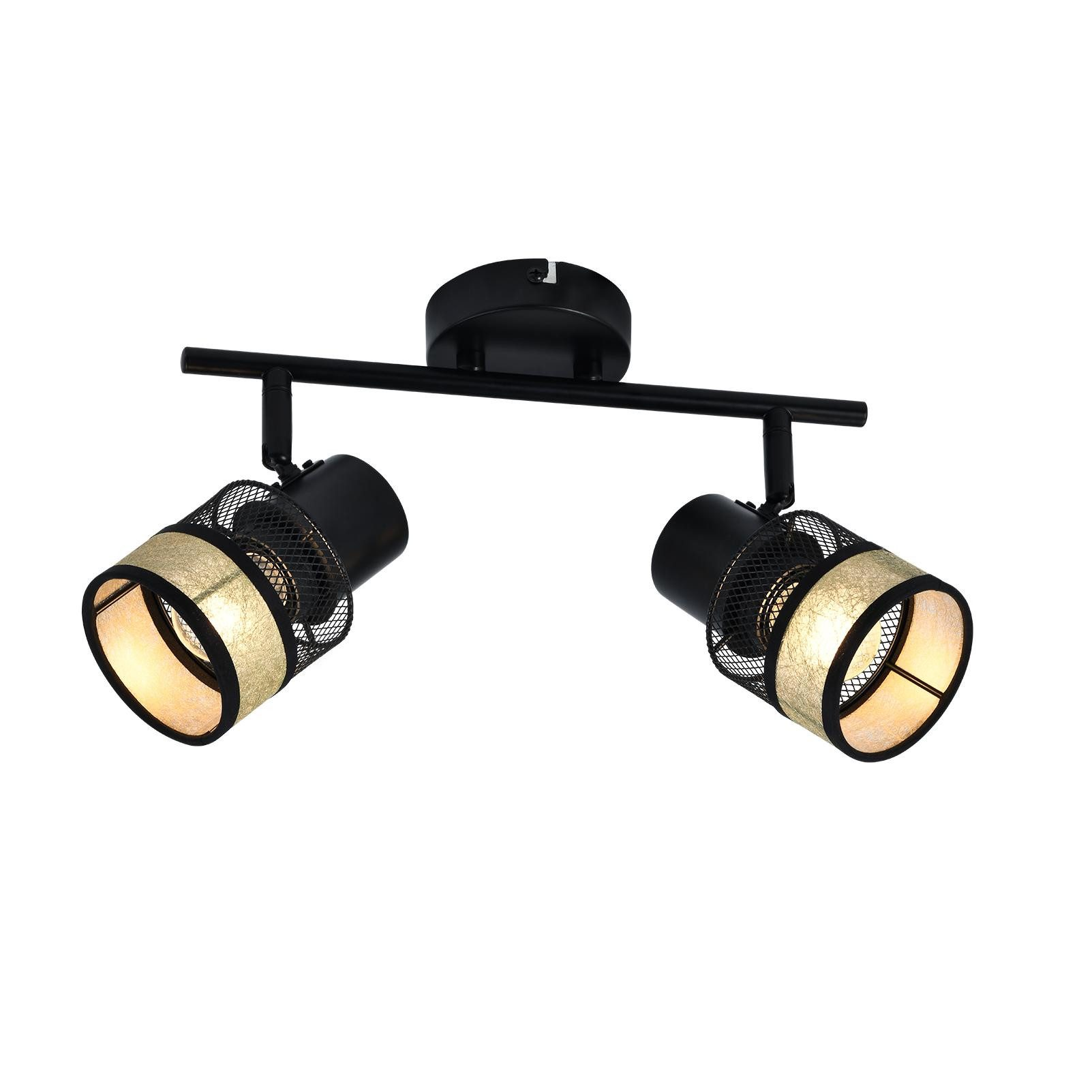 Lampada a binario nera e oro con due faretti, isolata su bianco.