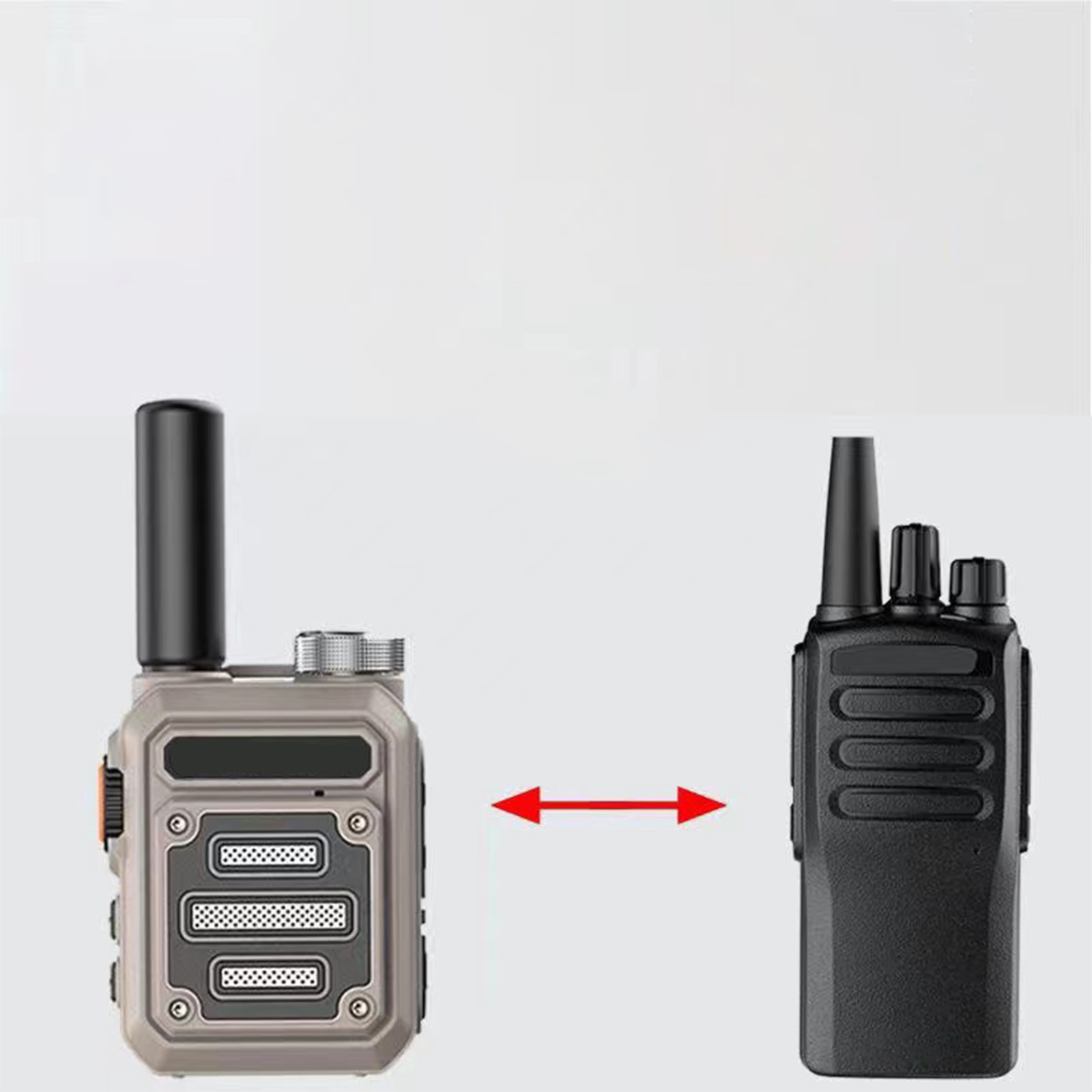 Zwei Walkie-Talkies, eines beige und eines schwarz, mit einem Pfeil dazwischen. Weißer Hintergrund.
