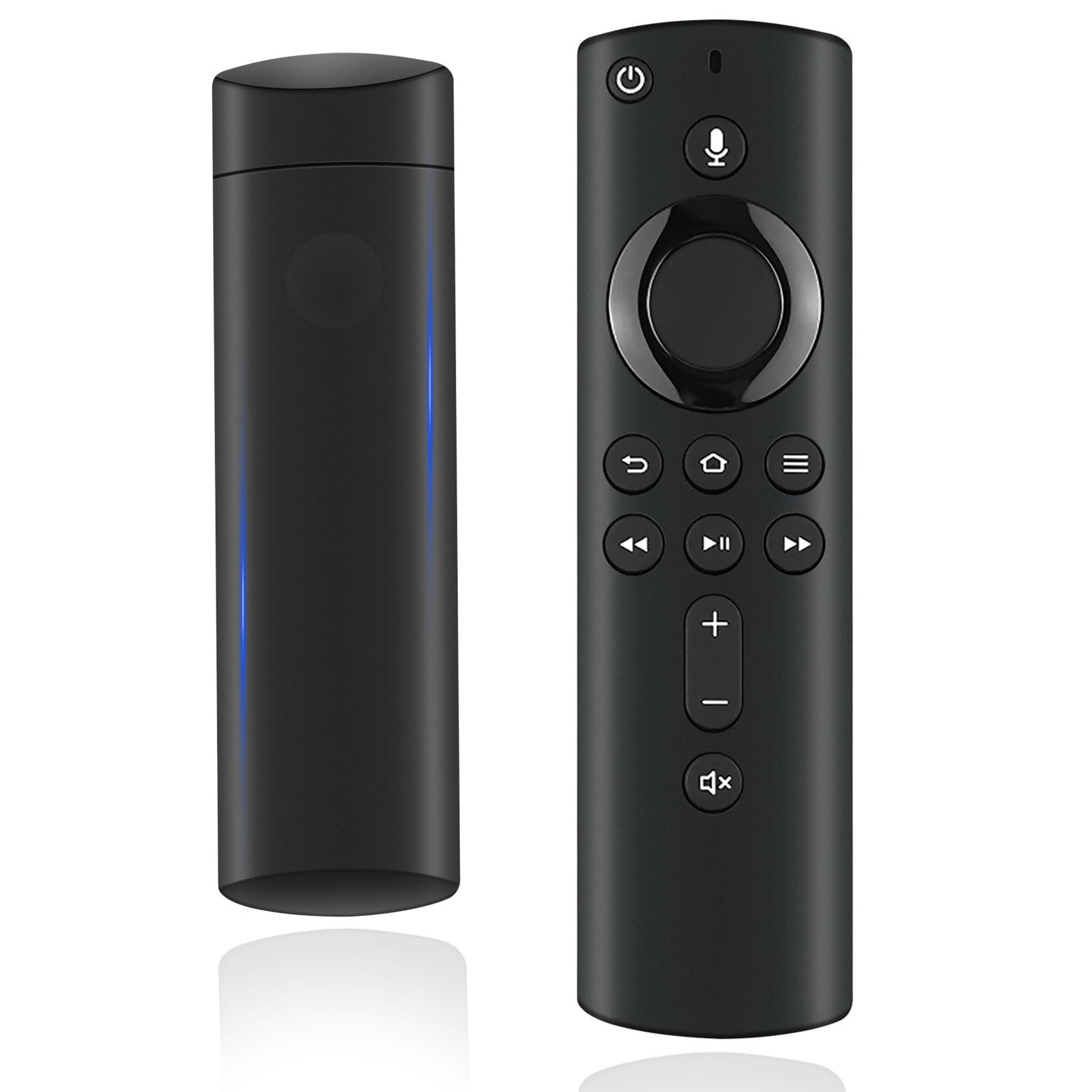 Zwei schwarze Fire TV-Geräte. Eines ist ein Stick mit blauem Licht, das andere eine Fernbedienung mit Tasten.
