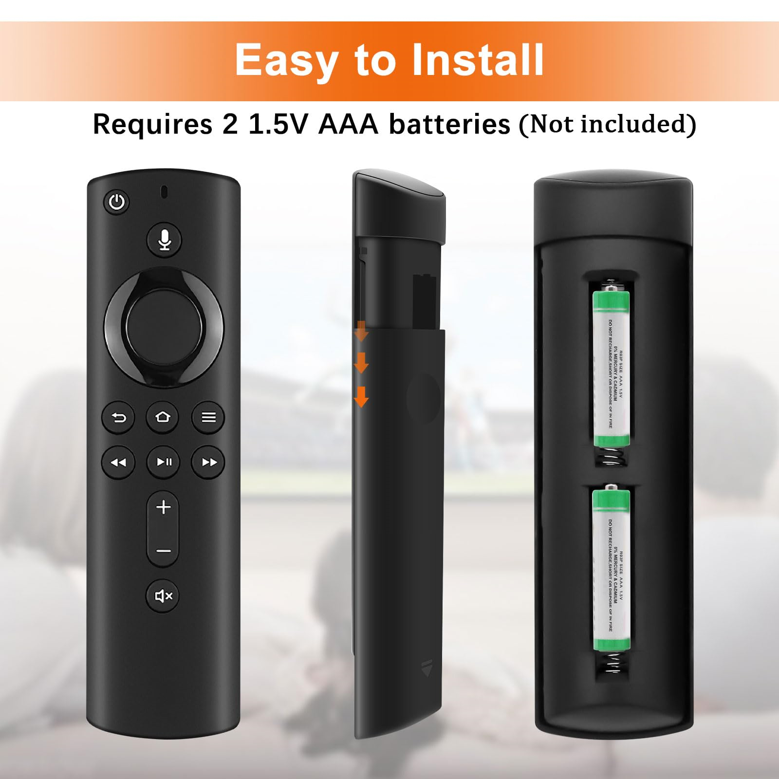 Schwarze Fernbedienung mit Tasten. Benötigt 2 AAA-Batterien. Weißer Hintergrund.