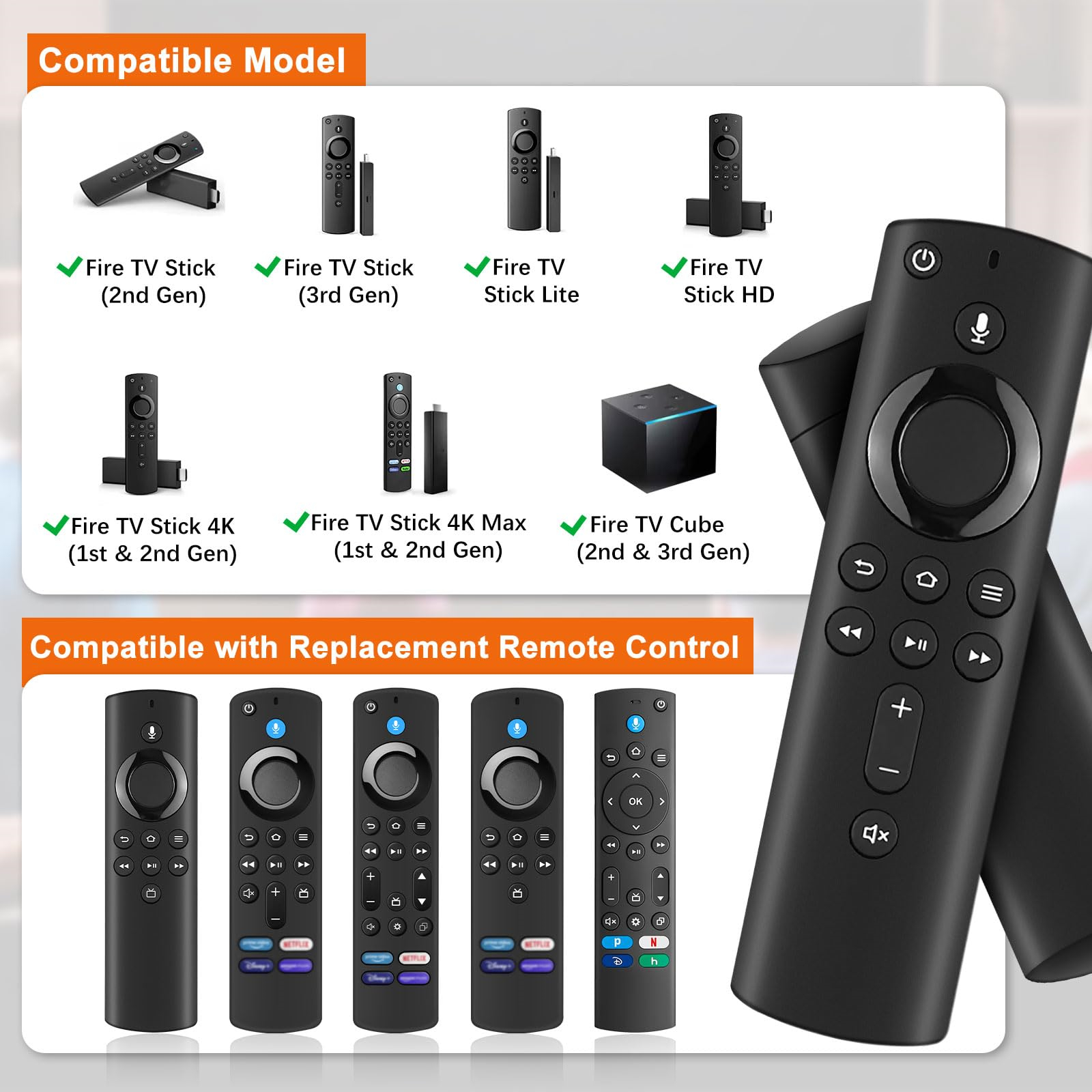 Mehrere Fire TV-Fernbedienungen und -Geräte. Das Bild zeigt die Kompatibilität mit verschiedenen Fire TV-Modellen.
