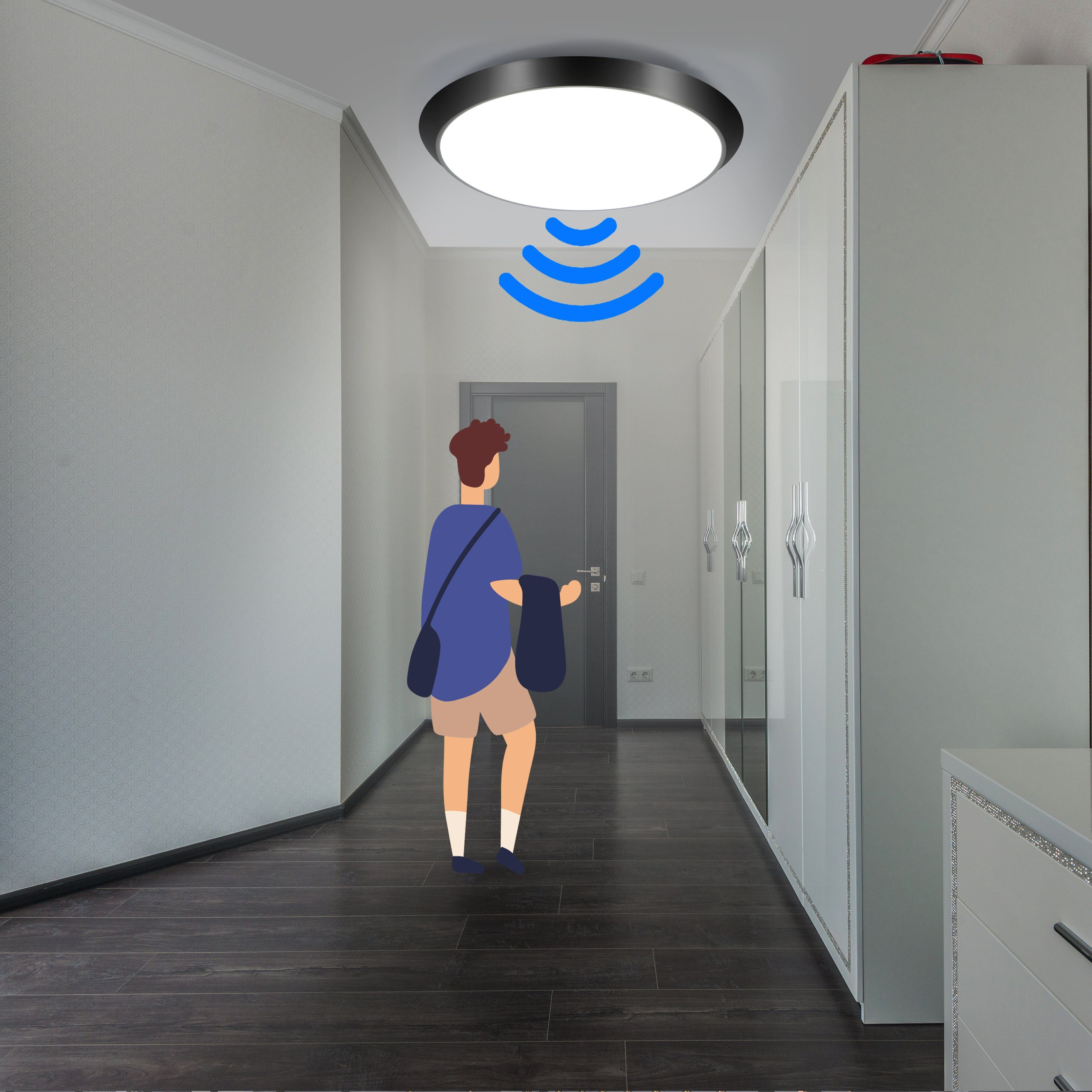 Mężczyzna idzie korytarzem. Lampa sufitowa z czujnikiem. Szafa po prawej.