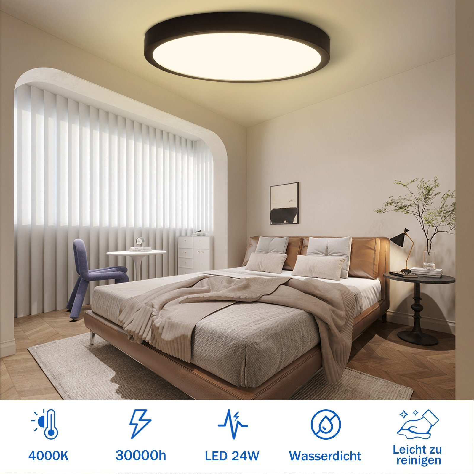 Schlafzimmer mit Bett, Nachttischen und runder Deckenlampe. Weiche, neutrale Farben, Fenster mit Jalousien.