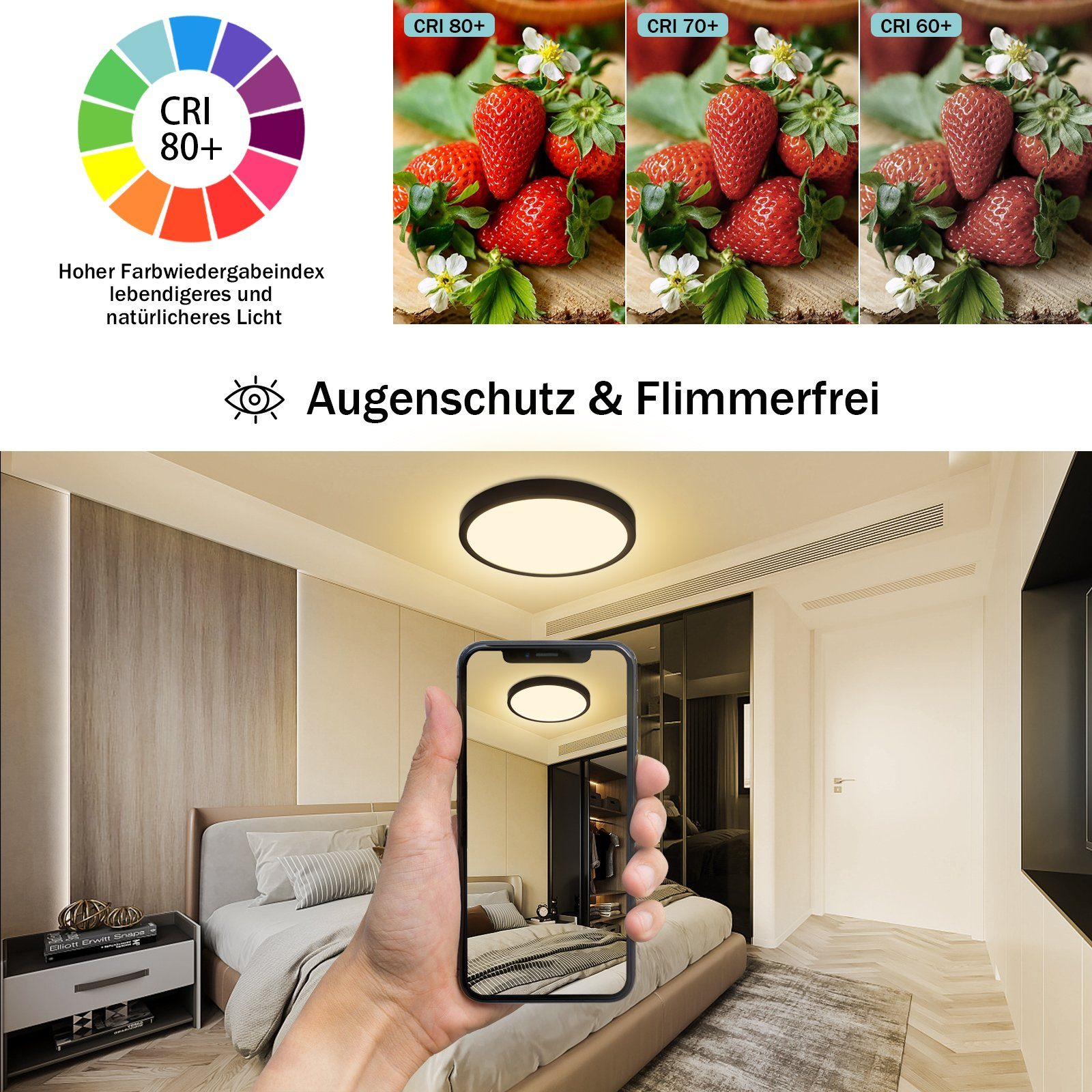 Eine Hand hält ein Telefon und zeigt eine Deckenleuchte, die sich im Telefonbildschirm spiegelt. Erdbeeren sichtbar.