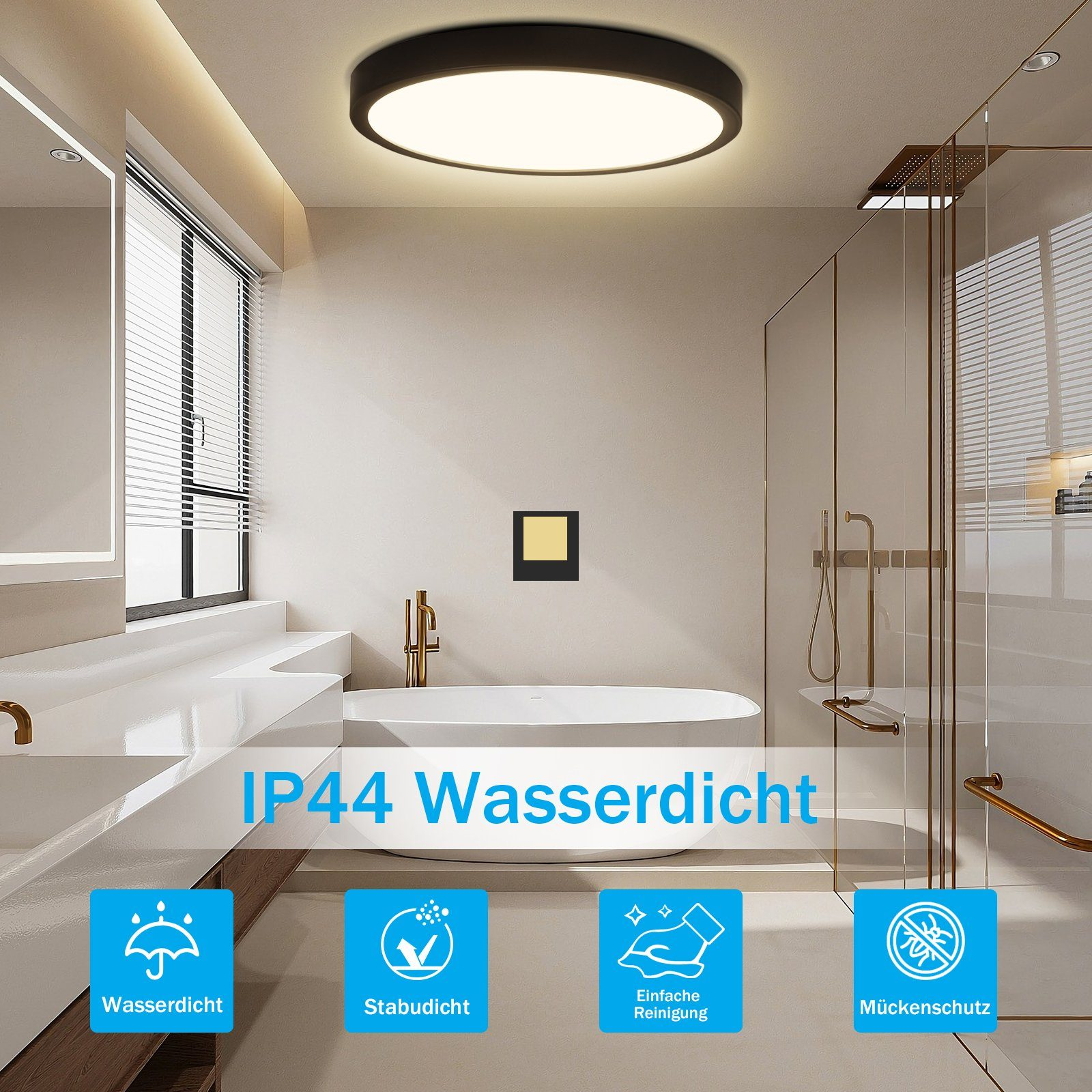 Badezimmer mit runder Deckenlampe, Badewanne, Dusche und vier Symbolen unten. Text: IP44 Wasserdicht.
