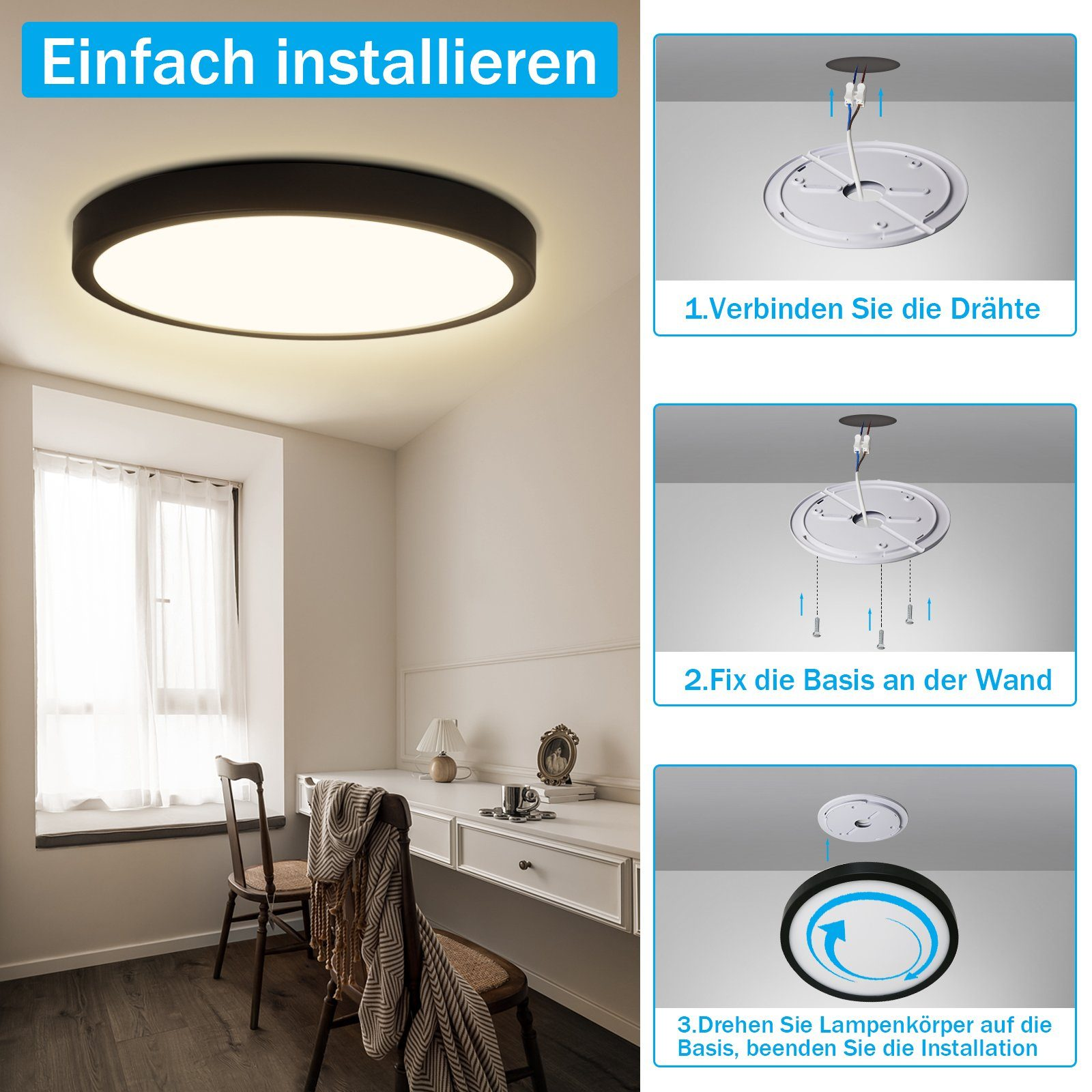 Bild zeigt Montage einer Deckenlampe. Schritte: Drähte verbinden, Basis an Wand befestigen, Lampe schrauben.