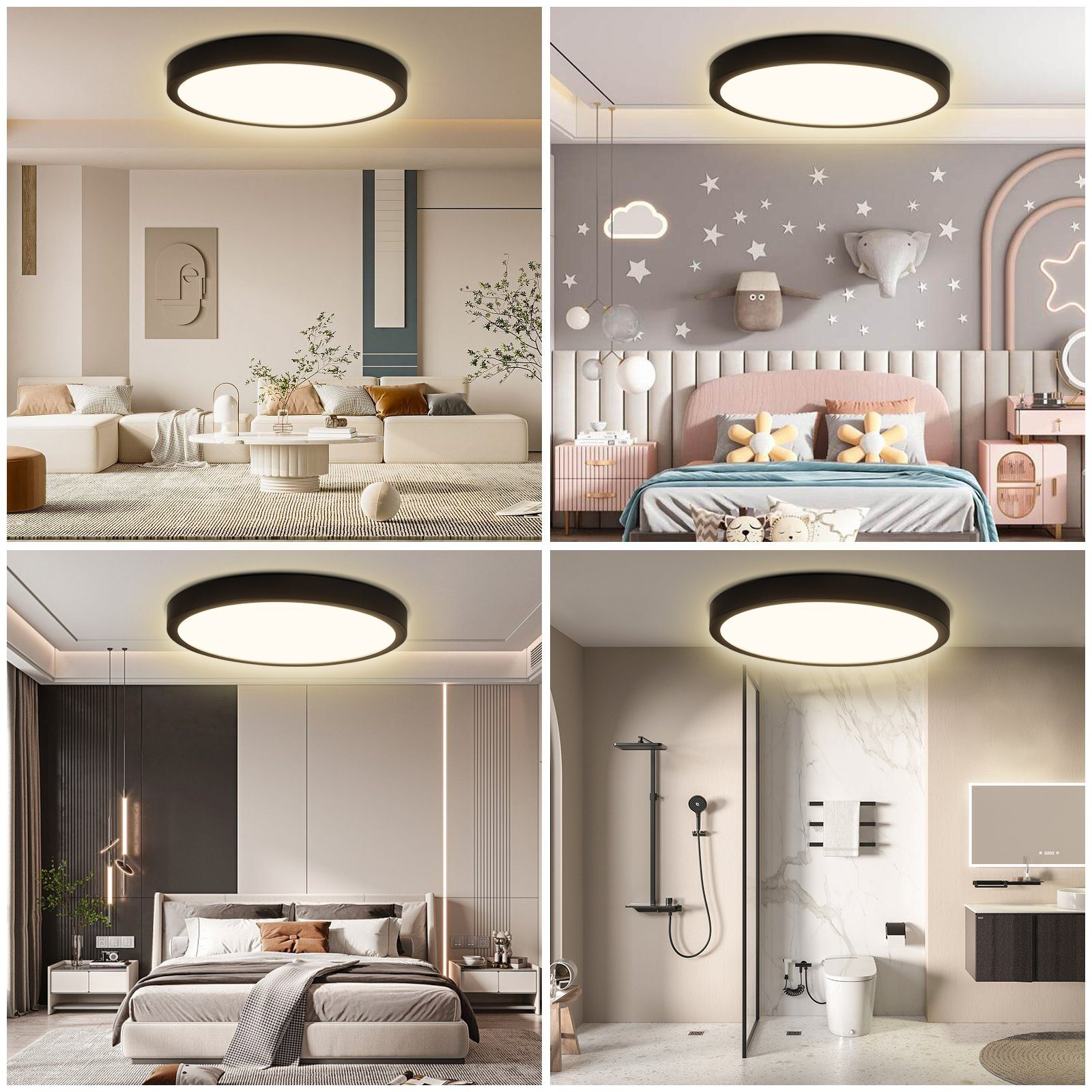 Vier Bilder mit runden Deckenlampen in verschiedenen Räumen: Wohnzimmer, Schlafzimmer, Badezimmer.
