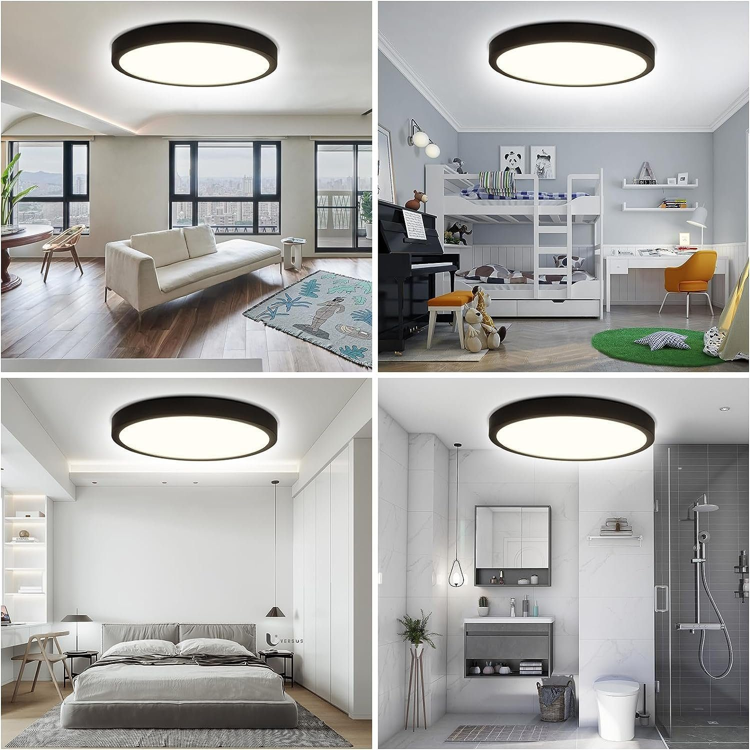 Vier Bilder mit runden Deckenlampen in verschiedenen Räumen: Wohnzimmer, Schlafzimmer, Kinderzimmer, Badezimmer.