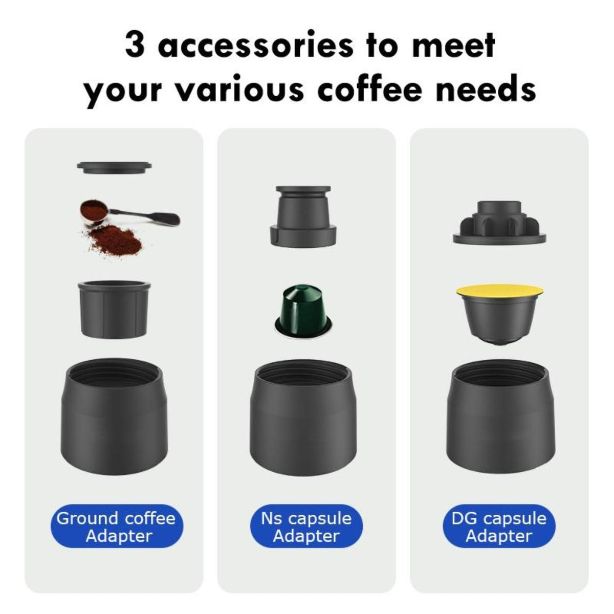 Drei Kaffeeautomatenadapter: gemahlener Kaffee, Nespresso-Kapseln und Dolce Gusto-Kapseln, mit Etiketten.
