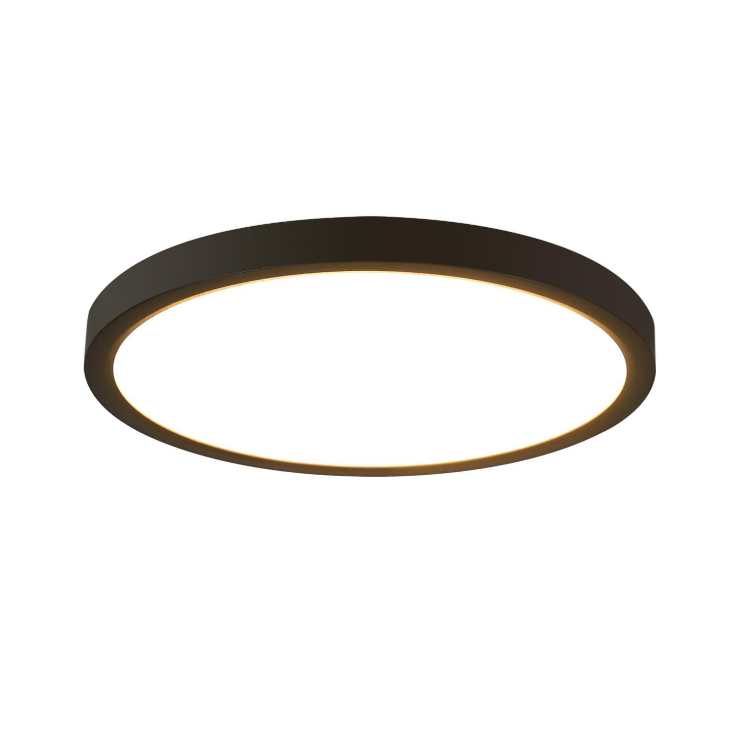 Luz de techo LED redonda. Marco negro, panel blanco iluminado. Diseño simple, aislado sobre fondo blanco.