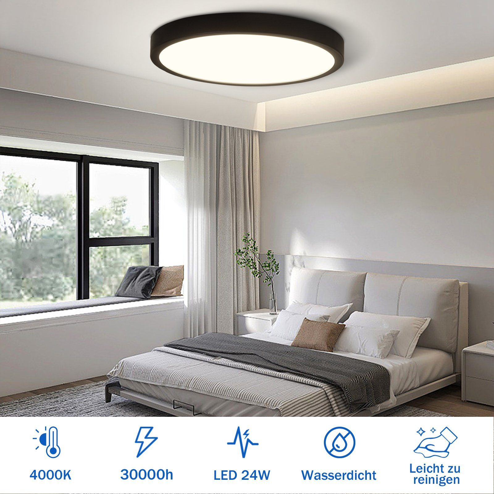 Eine weiße Deckenleuchte in einem Schlafzimmer. 4000K, 30000h, LED 24W, wasserdicht und leicht zu reinigen.