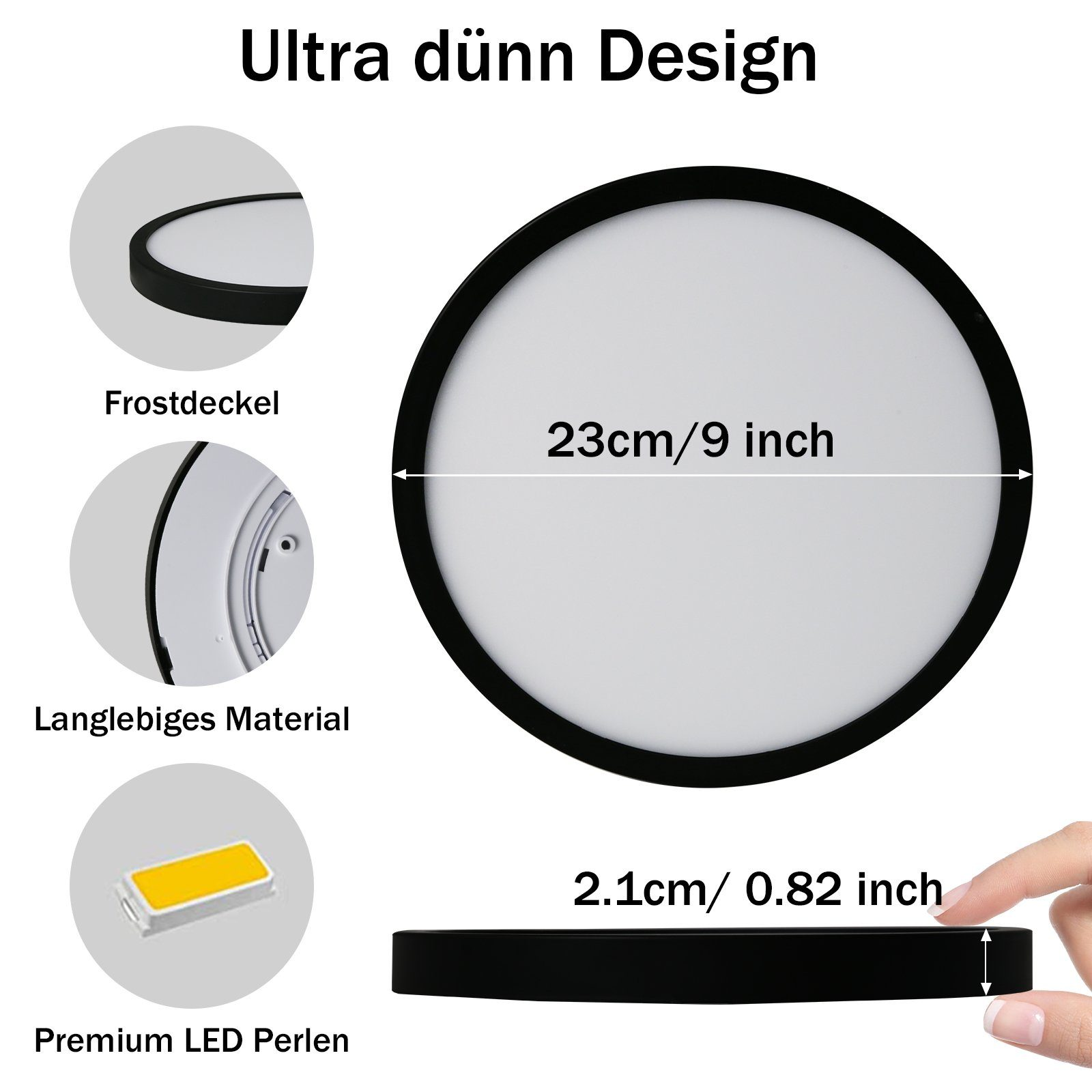 Runde LED-Deckenleuchte mit Details zu Abmessungen und Komponenten.
