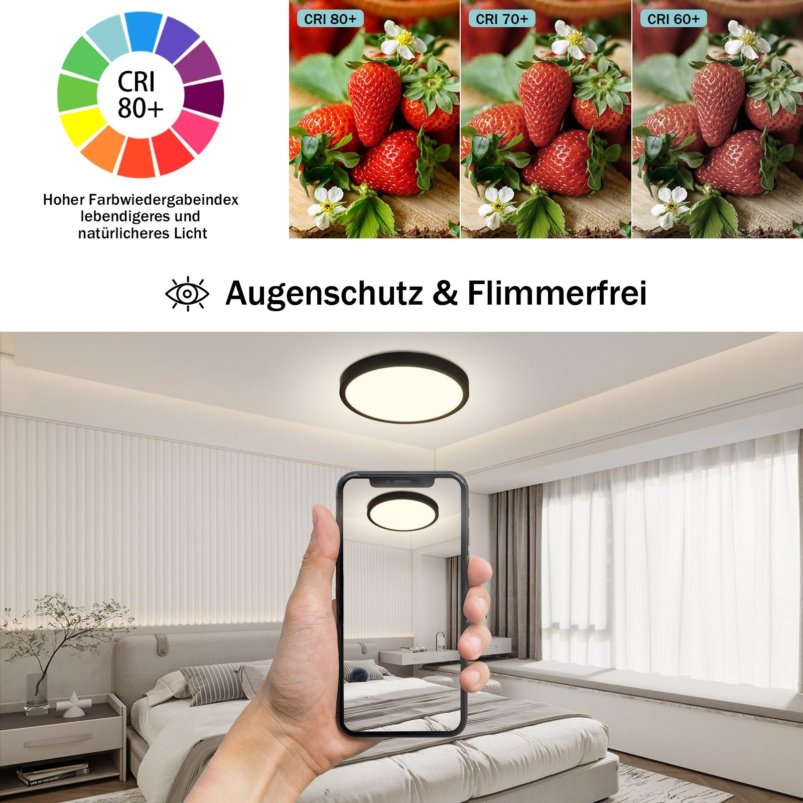 LED-Deckenleuchte mit Erdbeerfotos und einem Farbspektrumrad.