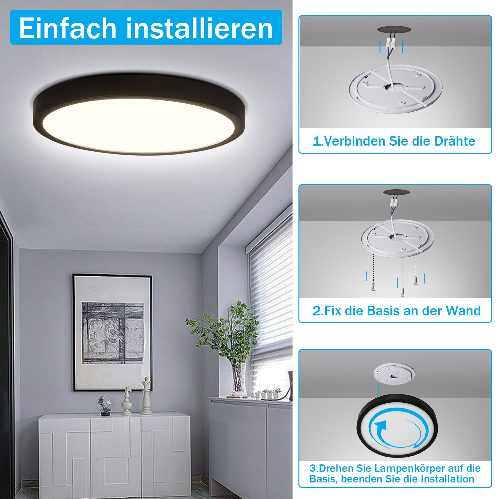 Installationsschritte einer schwarz-weißen Deckenleuchte. Verdrahtung, Befestigung der Basis und endgültige Installation.