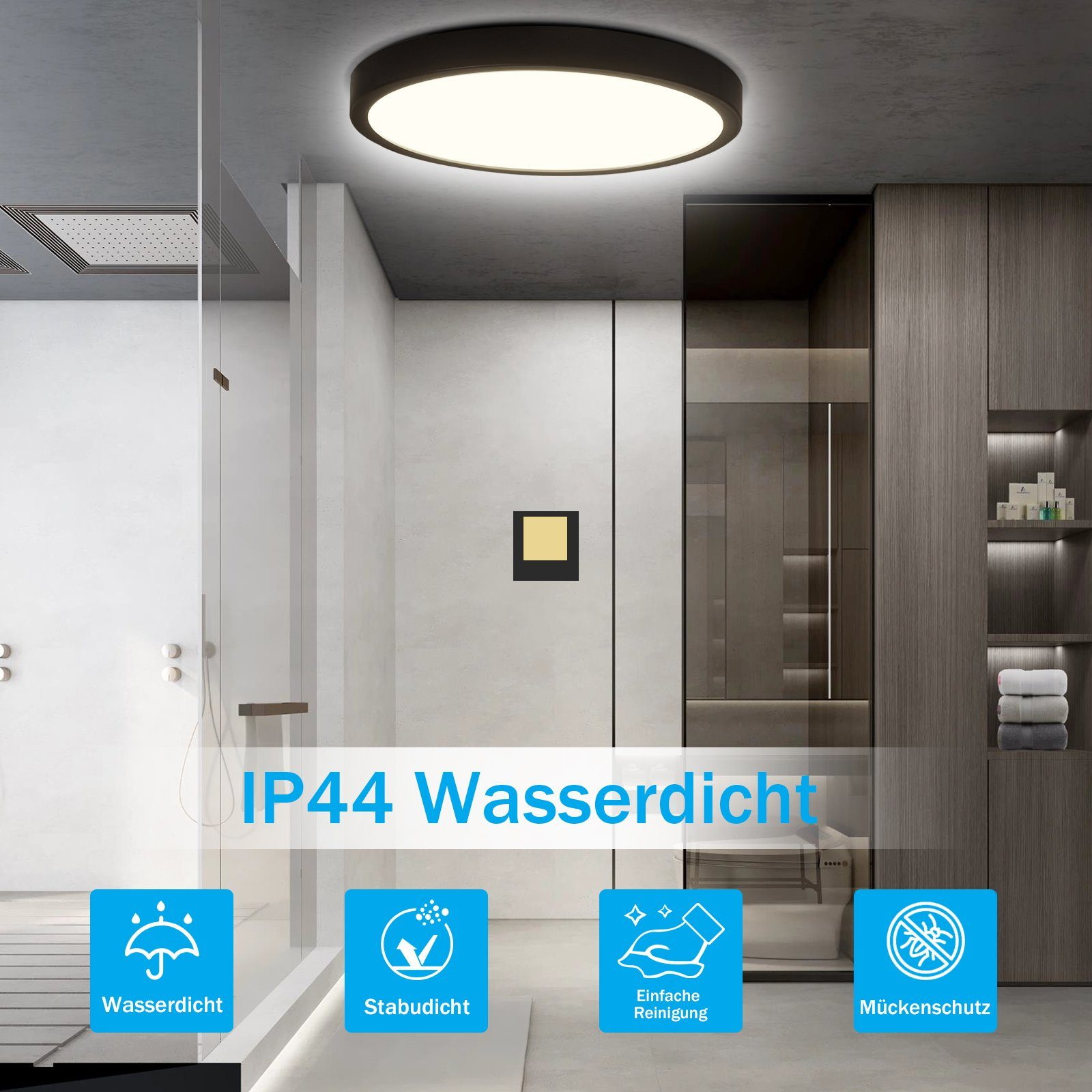 Badezimmer-Szene mit einer runden Deckenleuchte. Es hat den Text 'IP44 Wasserdicht' und Symbole.