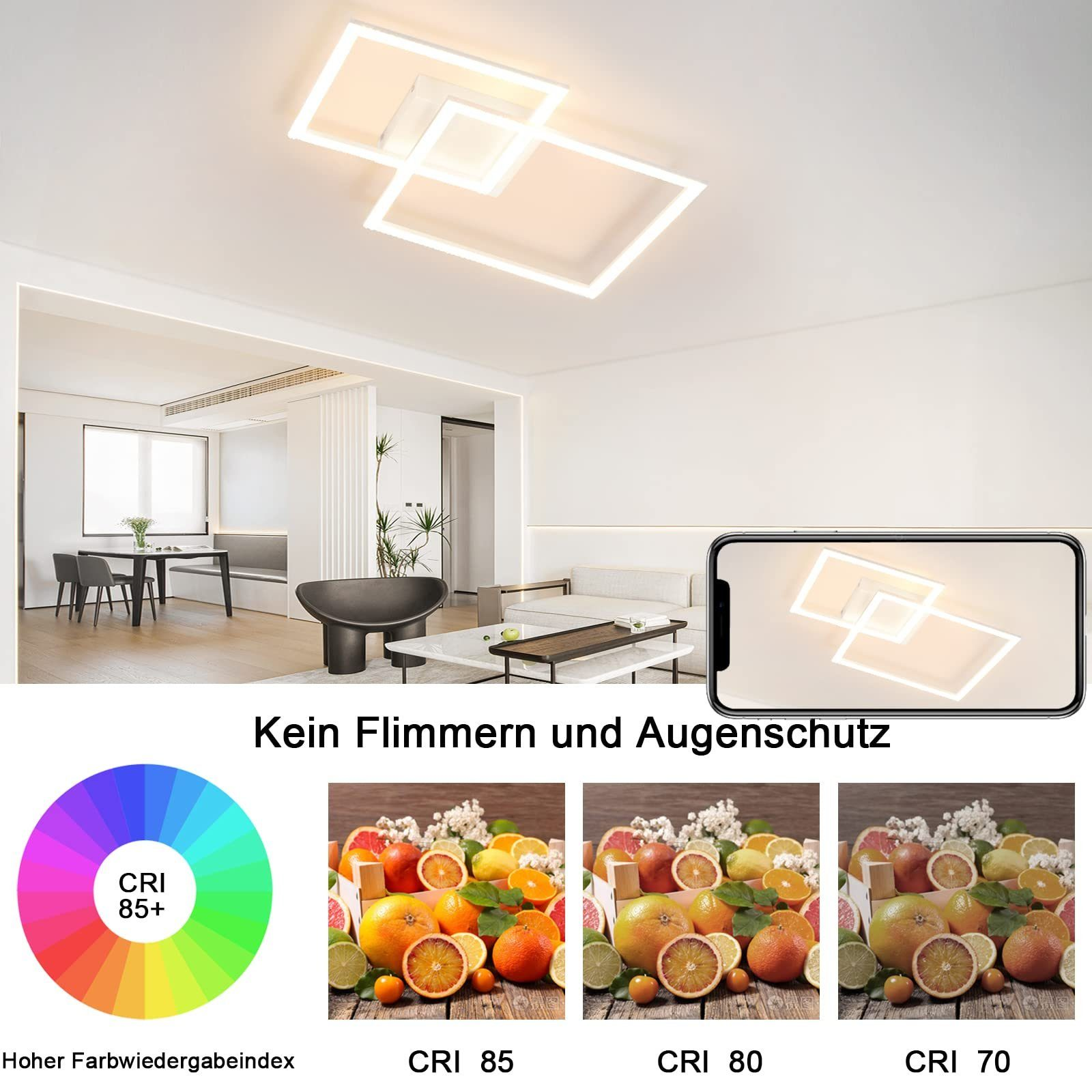 Moderne Deckenleuchte mit Text: Kein Flimmern und Augenschutz. Farbspektrum und Fruchtabbildungen.