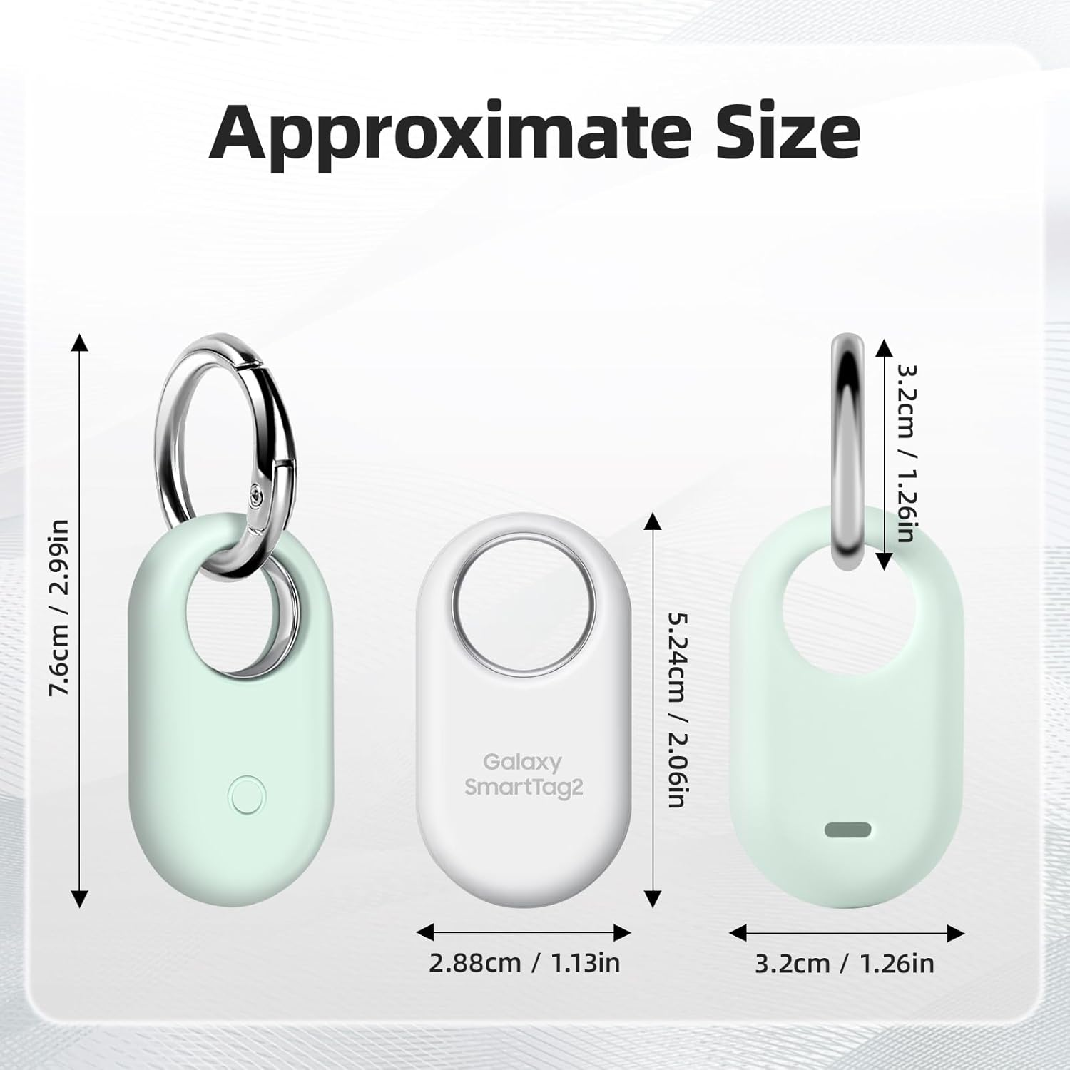 Drei hellgrüne Galaxy SmartTag2s mit Abmessungen in cm und Zoll angegeben.