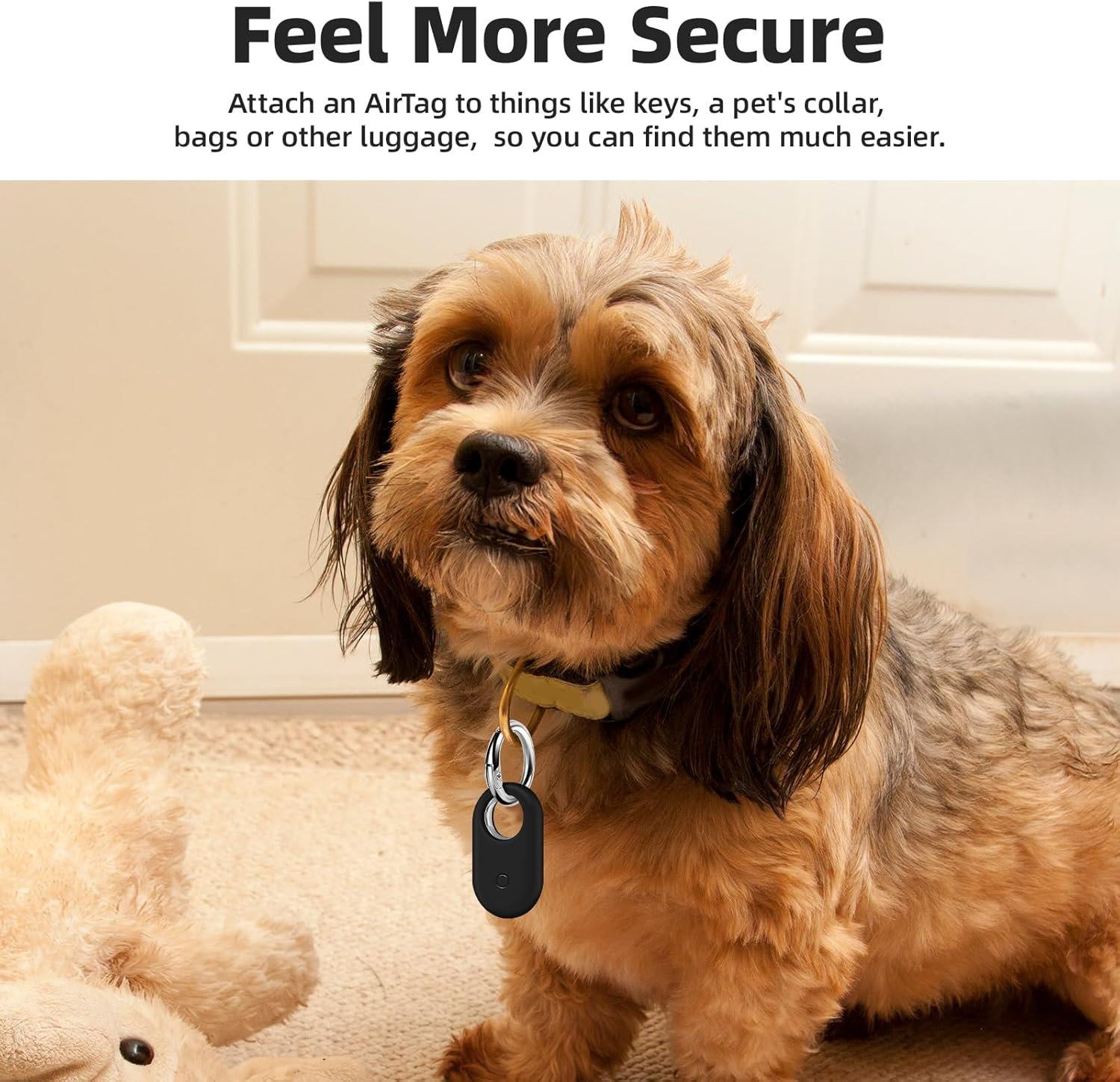 Kleiner Hund mit schwarzem Schlüsselfinder am Halsband, Text: Fühlen Sie sich sicherer. Beiger Hintergrund.