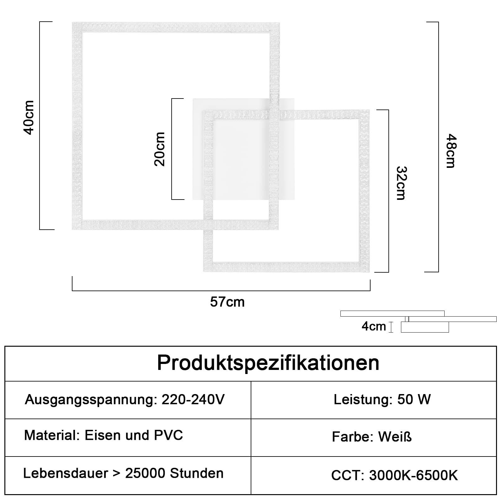 Diagramm mit Abmessungen und Spezifikationen einer weißen, quadratischen Leuchte.