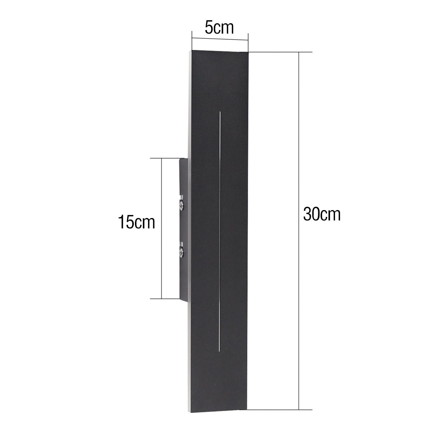 Applique rettangolare nera. Dimensioni etichettate: 30 cm di altezza, 15 cm di supporto, 5 cm di spessore.
