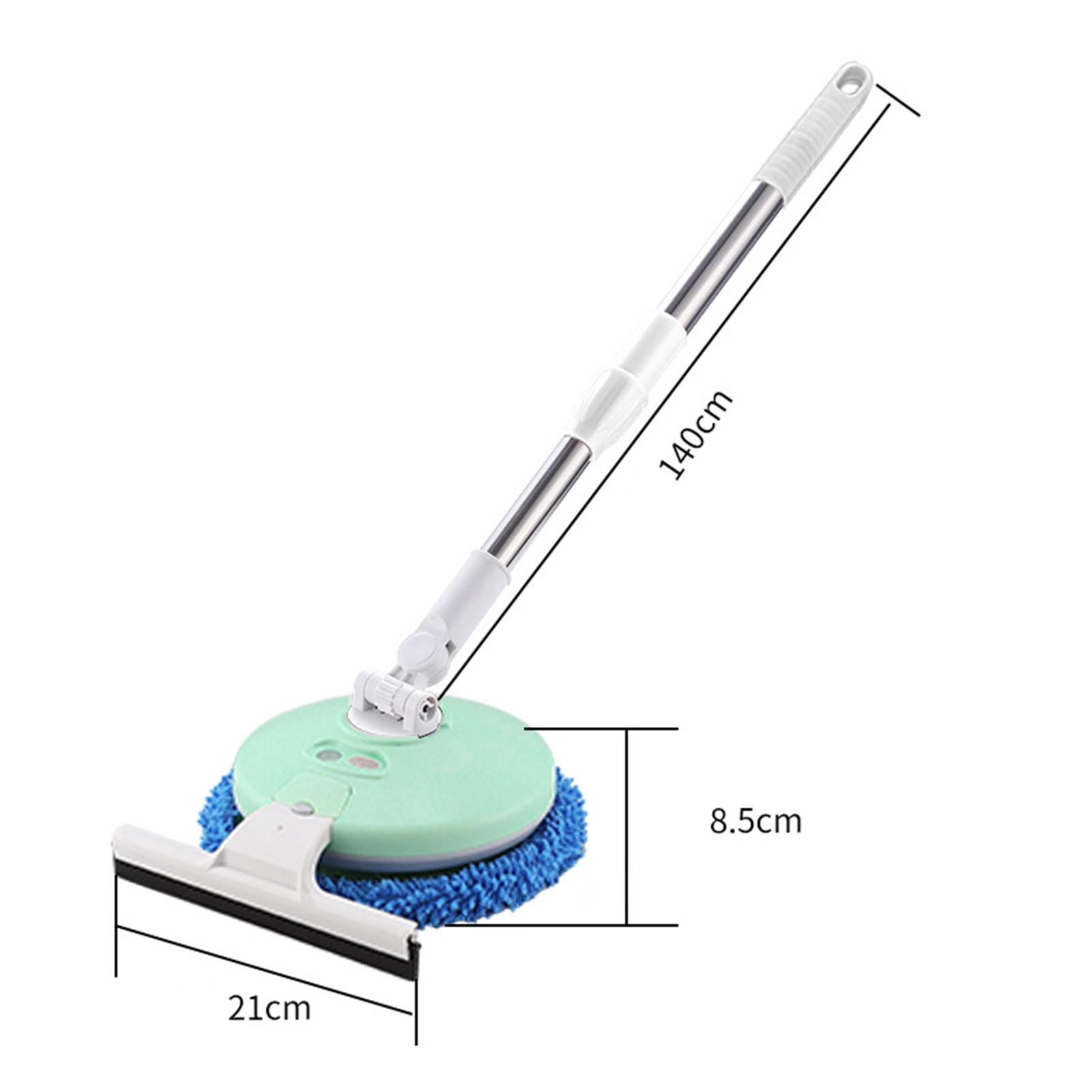 Bodenwischer mit blauem Pad, weißer Griff auf 140 cm verlängert. Abmessungen gezeigt.