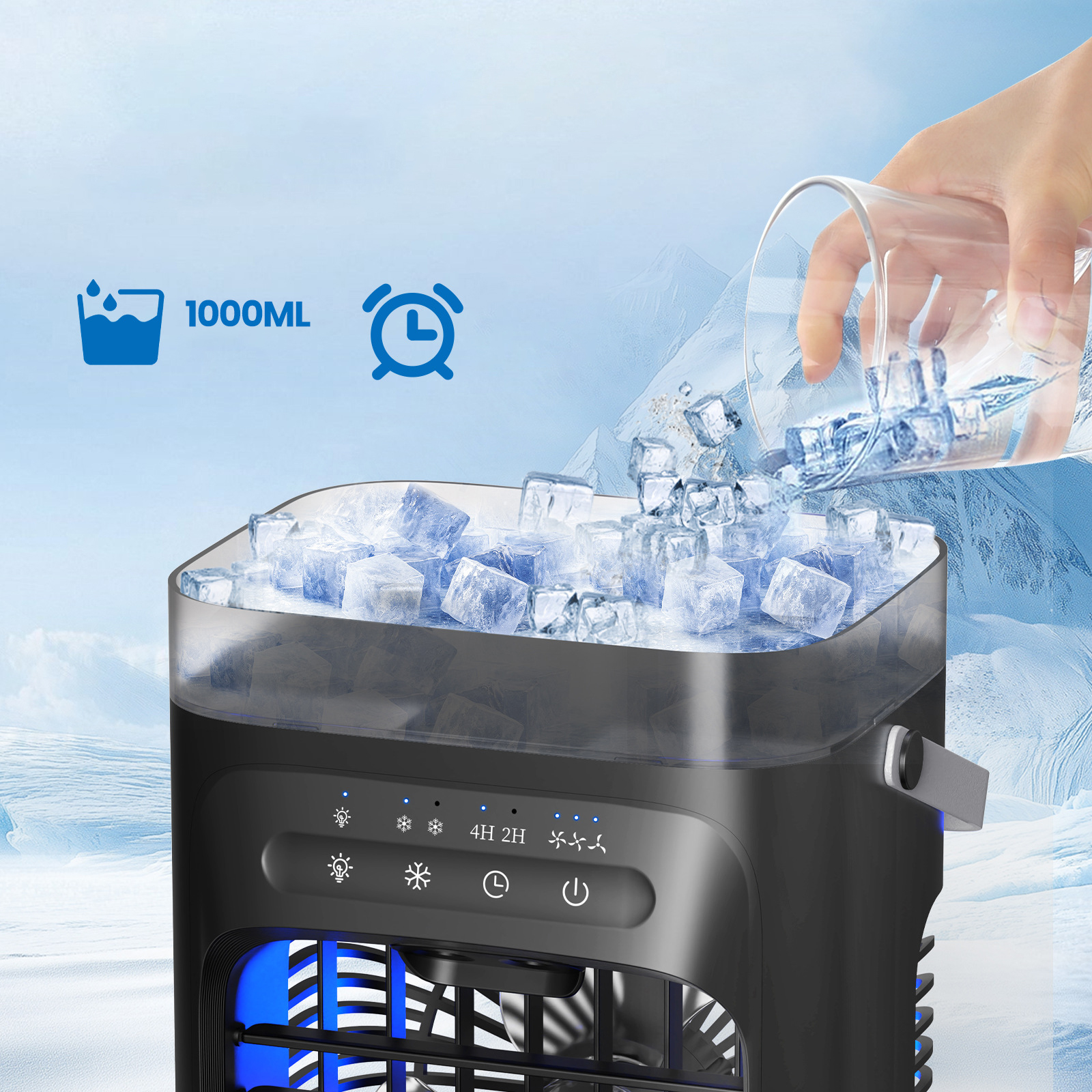 Ein Luftkühler, in den Eiswürfel gegossen werden. Ein Wasserstand und ein Timer werden angezeigt.